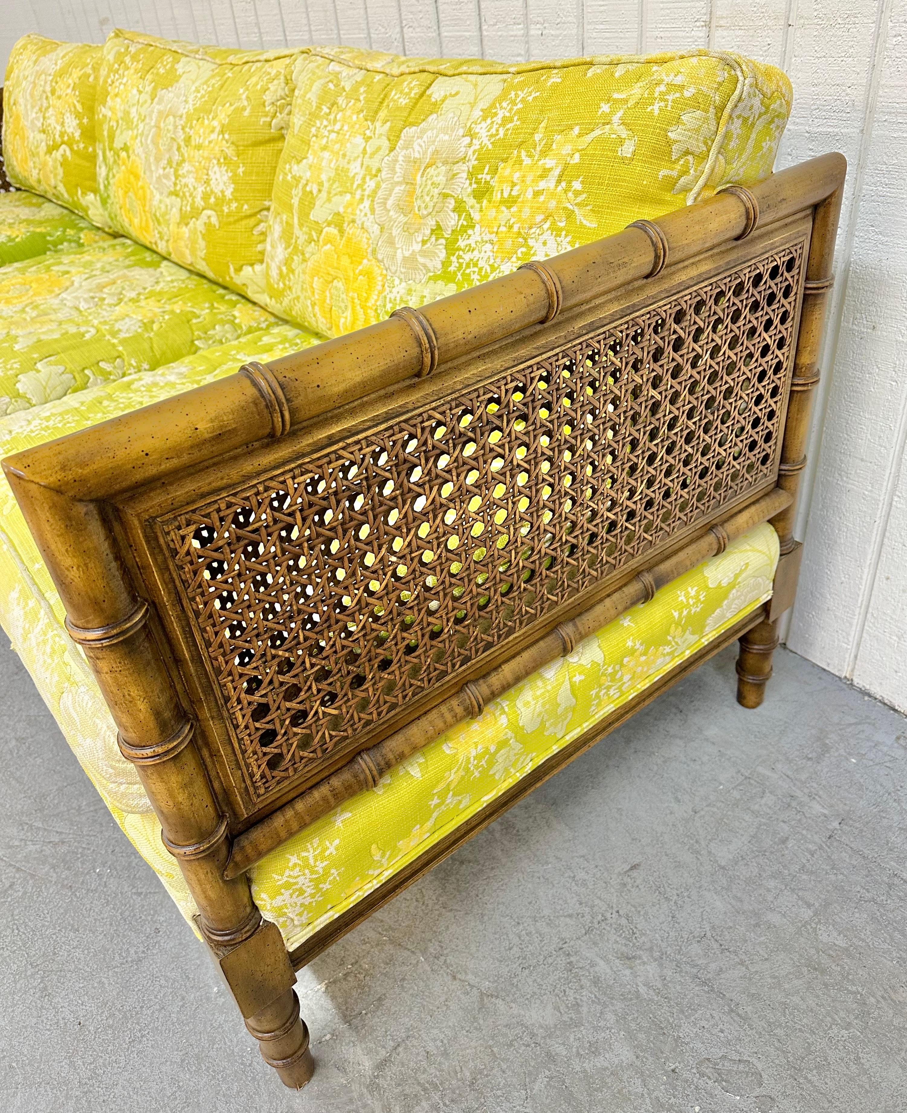 Vintage Walnut Bamboo Floral Cane Sofa In Good Condition In Clarksboro, NJ