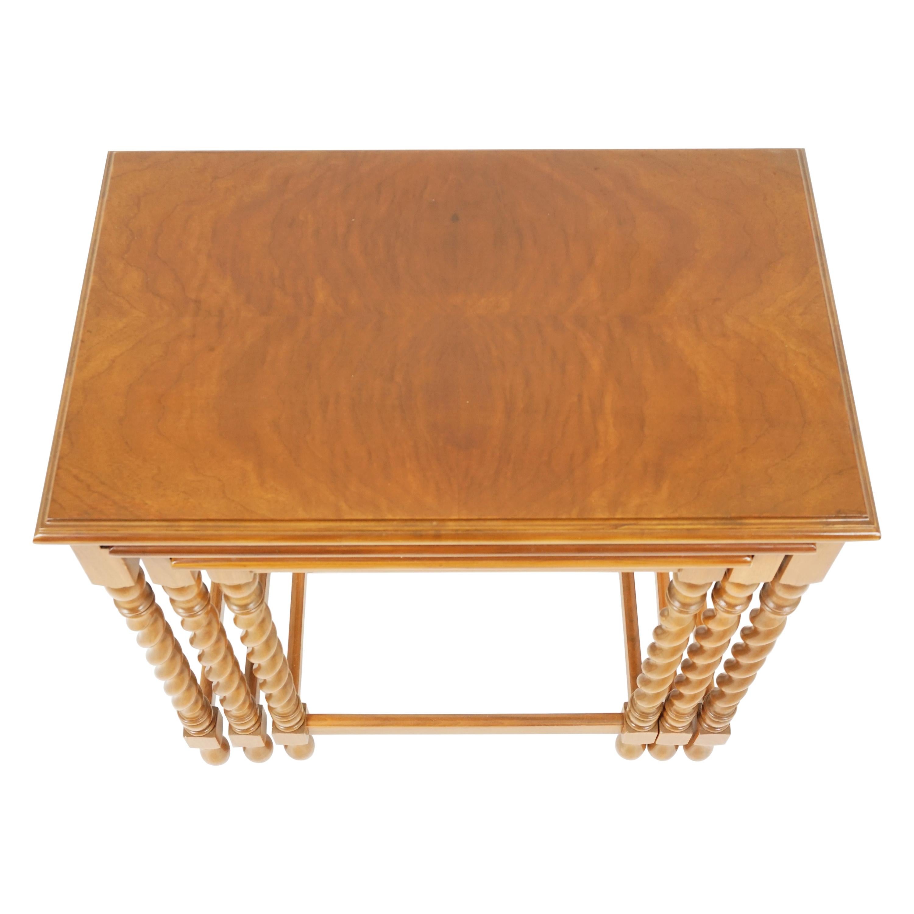 Vintage Walnut Barley Twist Nesting Stacking Tables, America 1940s, B