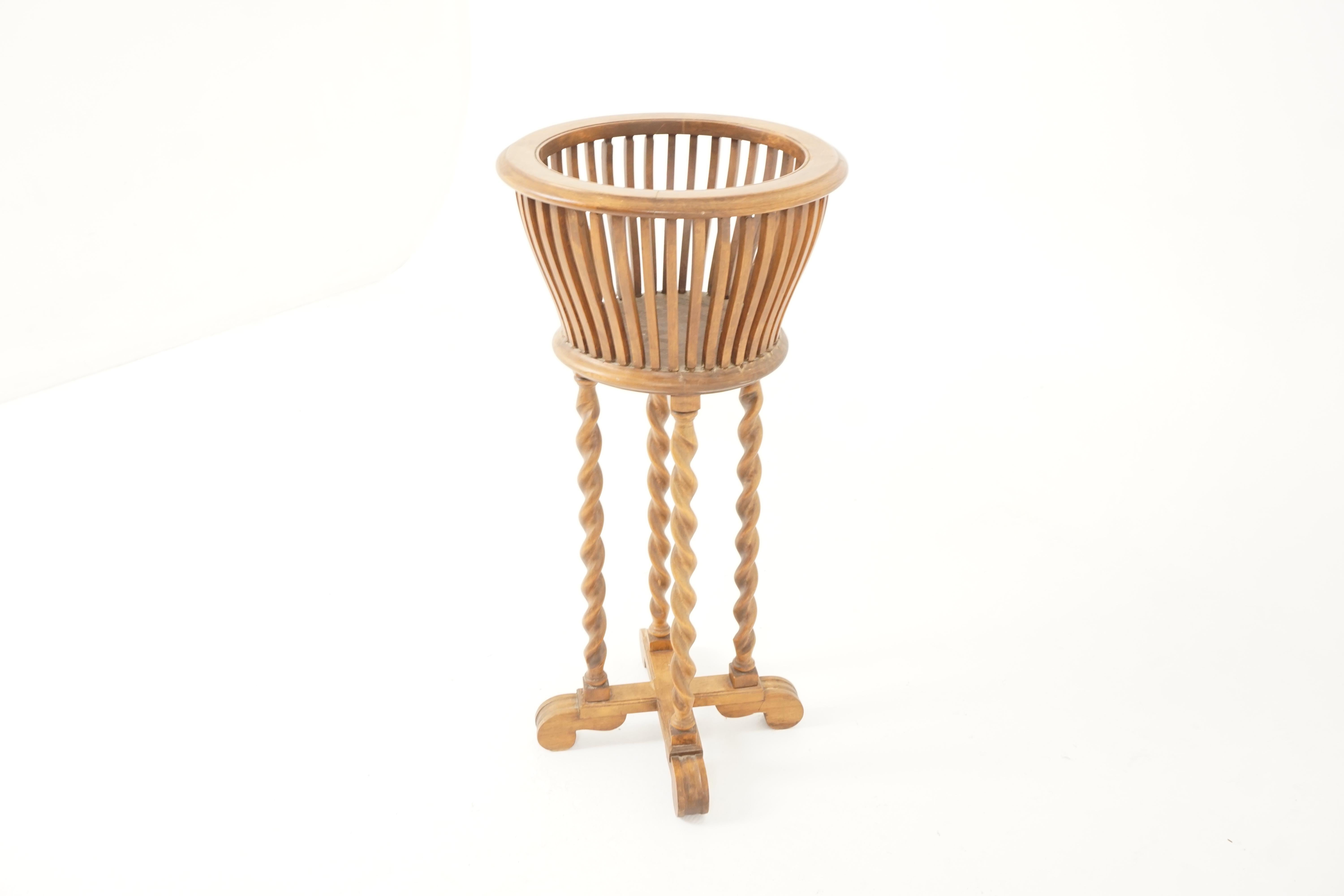 Vintage walnut barley twist plant stand, holder, Scotland 1930, B2314

Scotland 1930
Solid walnut
Original finish
Circular basket top with slats
All standing on tall barley twist legs
Cross stretcher with shaped legs on the base
Some cracks