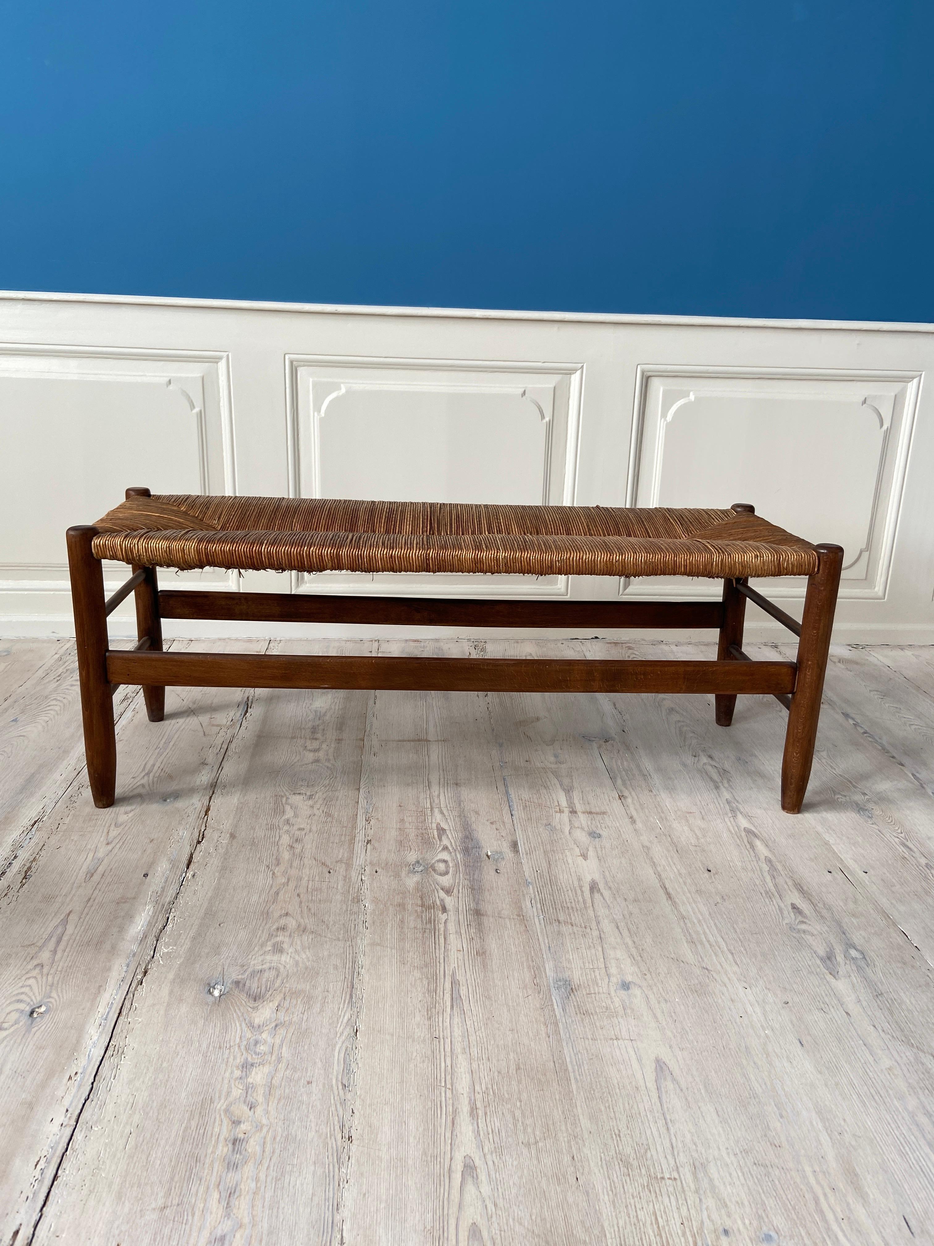 French Vintage Walnut Bench with Woven Rush Seat, France, 1950's