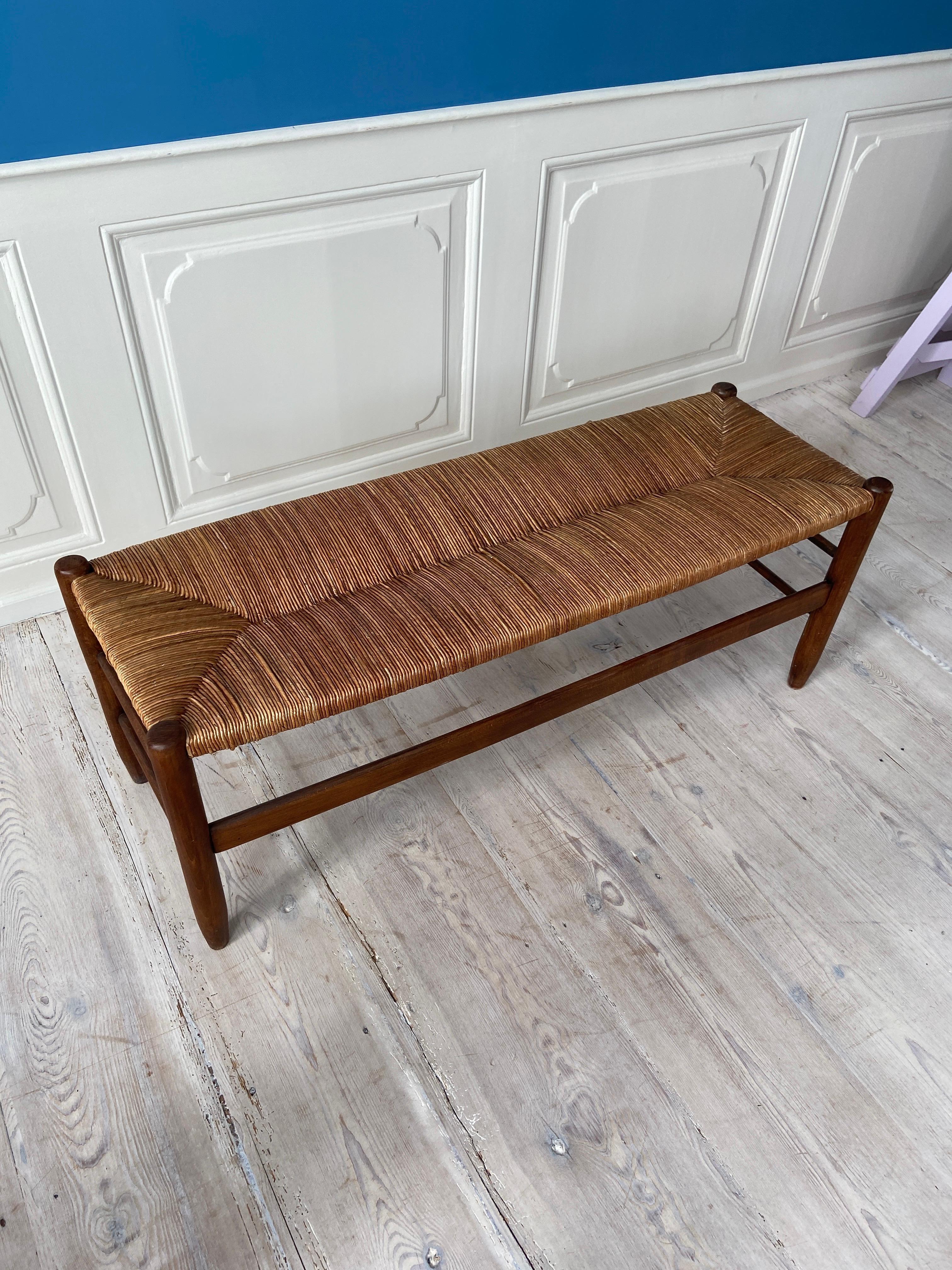 Vintage Walnut Bench with Woven Rush Seat, France, 1950's 2
