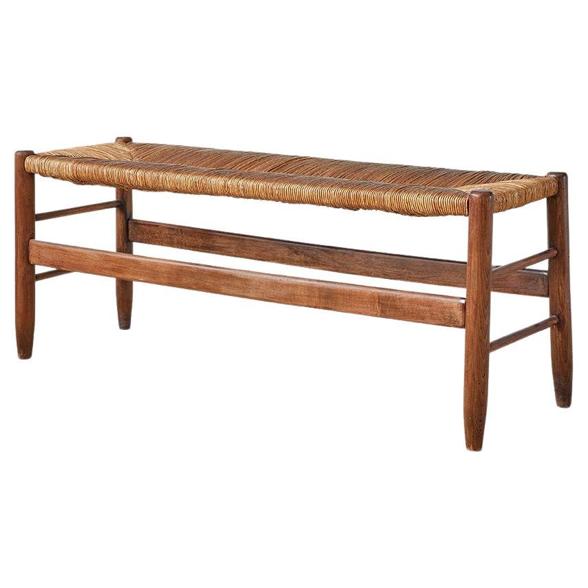 Vintage Walnut Bench with Woven Rush Seat, France, 1950's