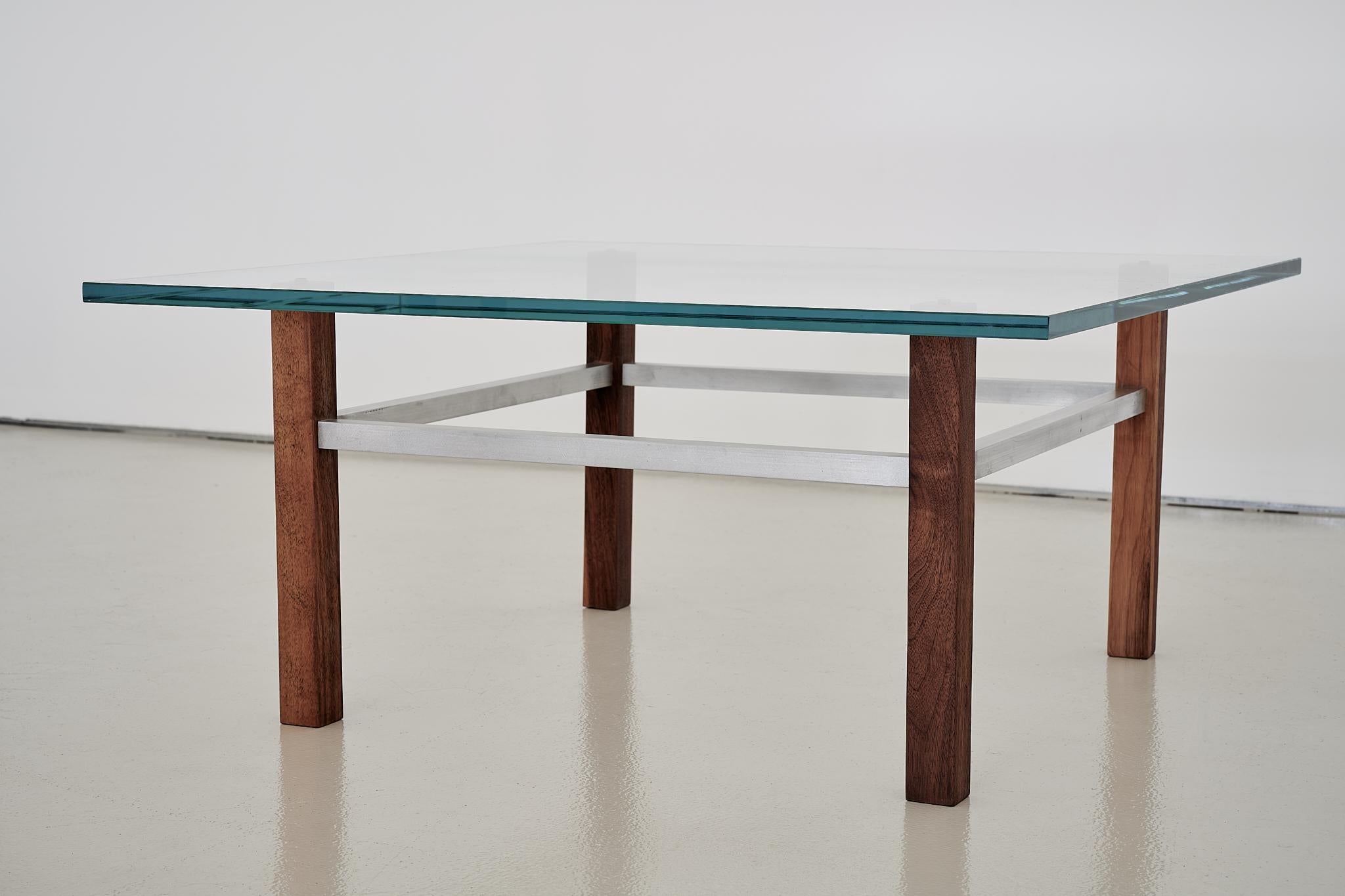 Modern Vintage Walnut, Brushed Steel and Glass Coffee Table