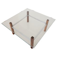 Vintage Walnut, Brushed Steel and Glass Coffee Table