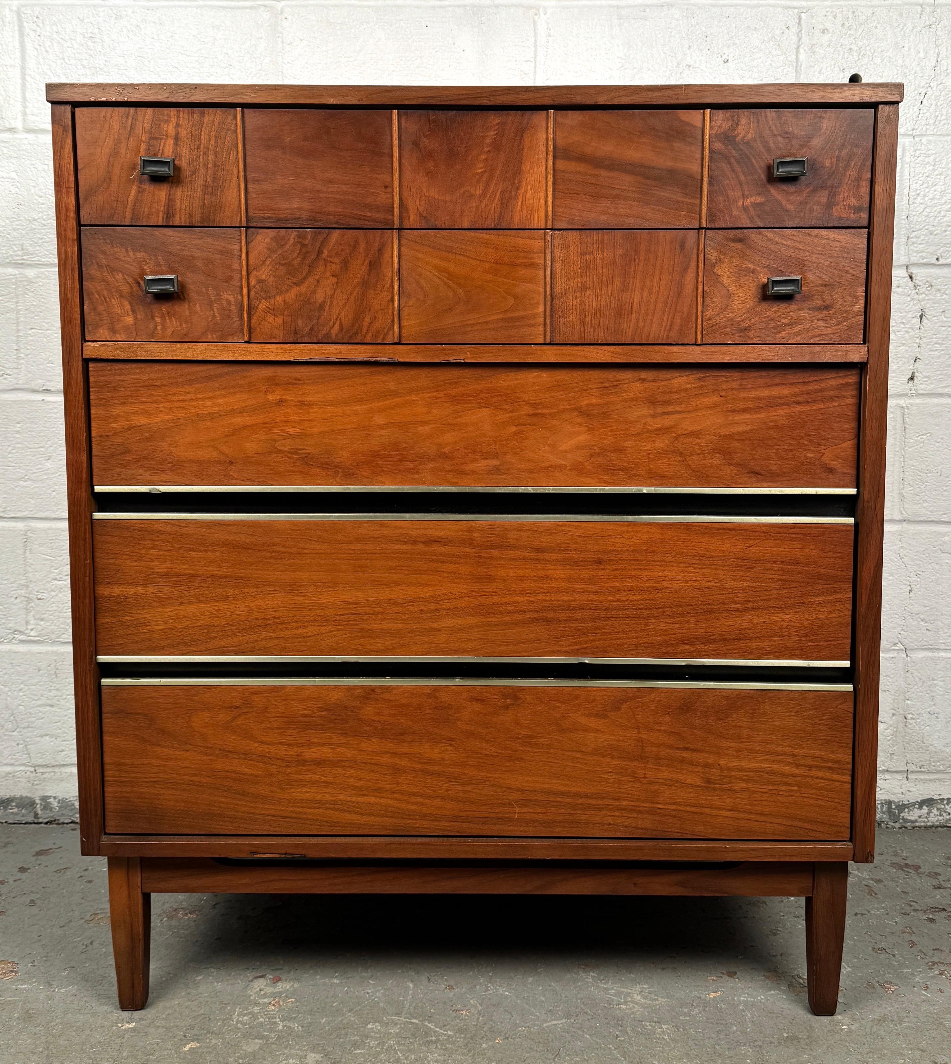 Mid-Century Modern Vintage Walnut Burl Highboy Dresser For Sale