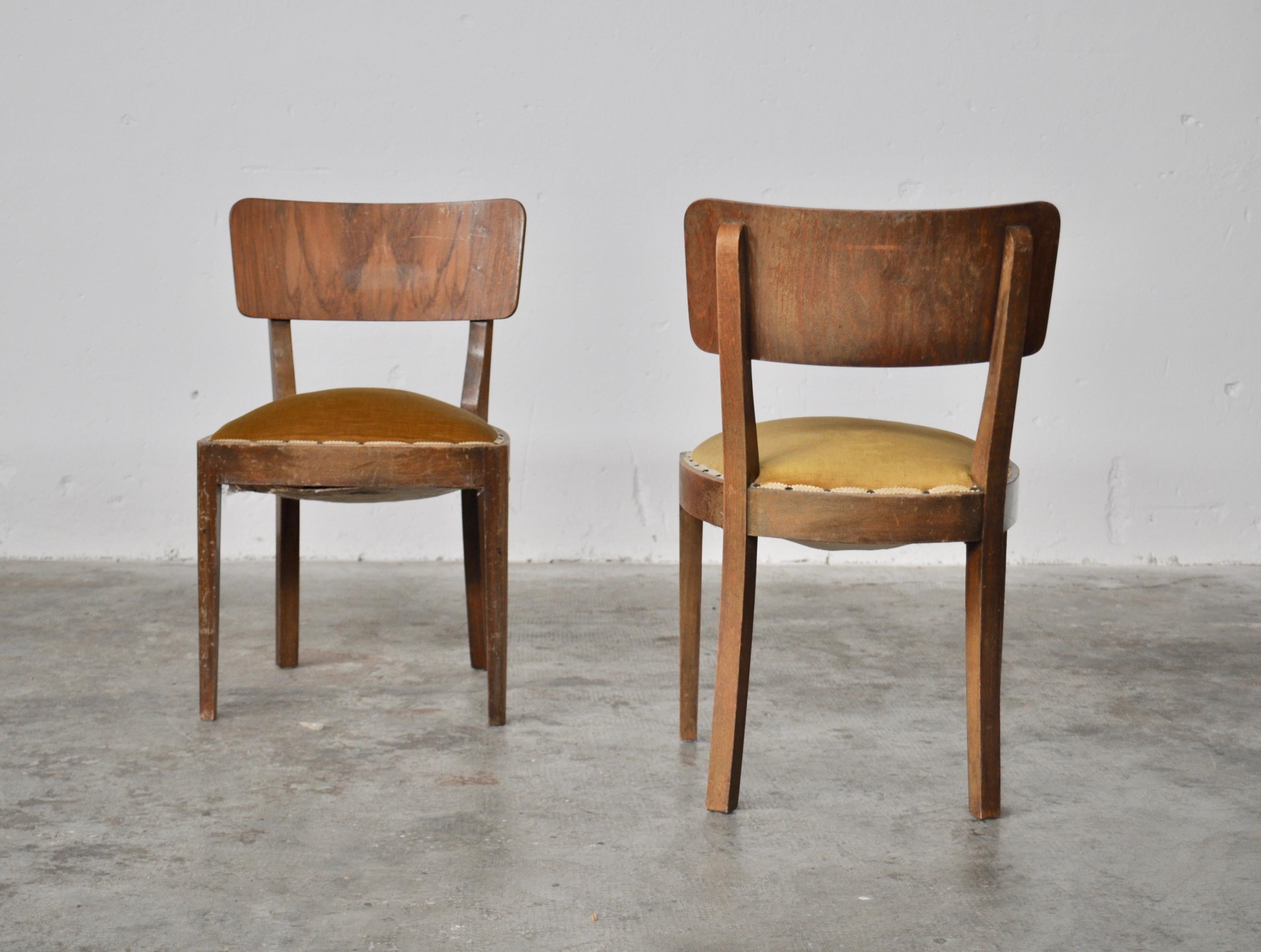 Italian Vintage Walnut Chairs with Studs & Straps and Springs in Velvet, Italy, 1920s, S For Sale