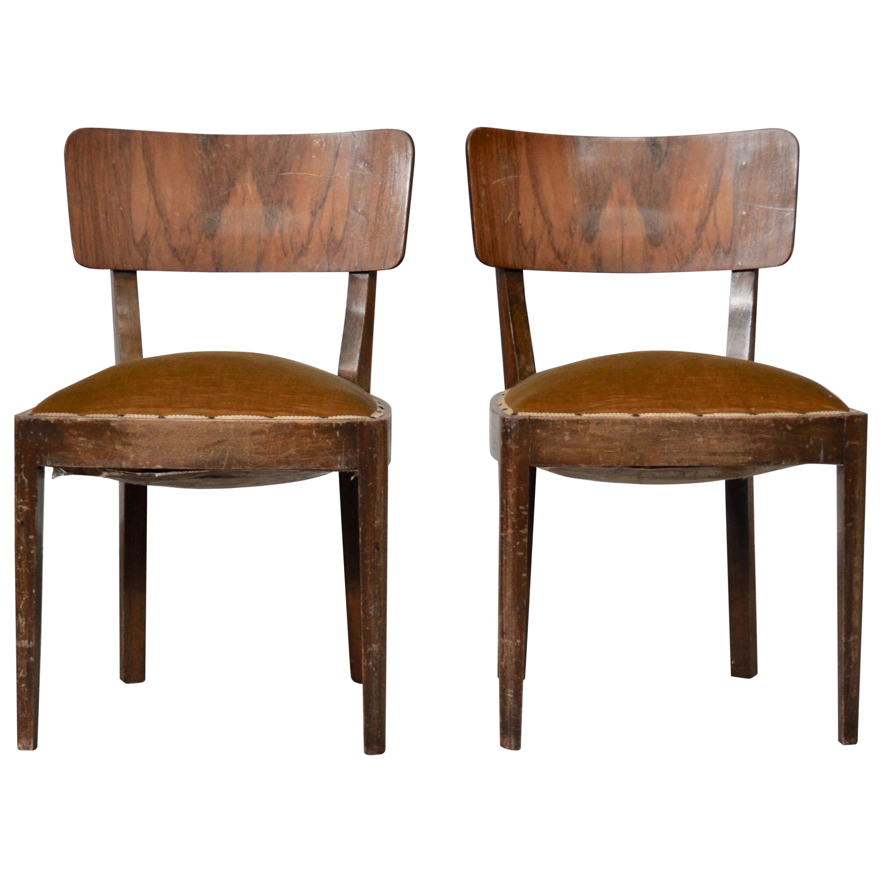 Vintage Walnut Chairs with Studs & Straps and Springs in Velvet, Italy, 1920s, S For Sale