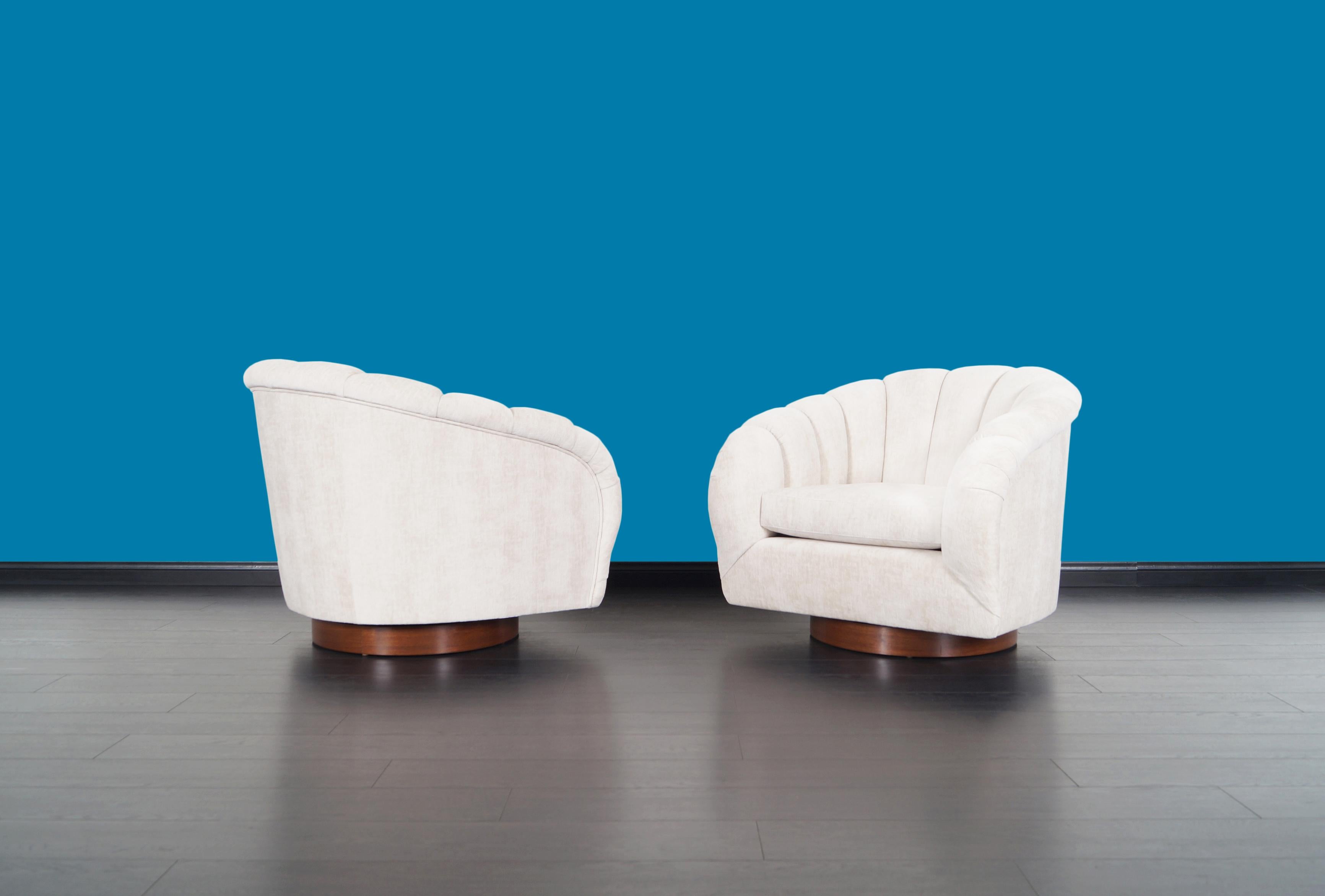 Fabric Vintage Walnut Channel Back Swivel Lounge Chairs in the style of Milo Baughman