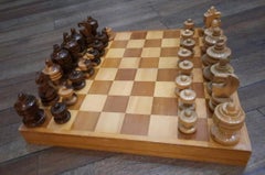 Vintage Walnut Chess Set with Folding Board