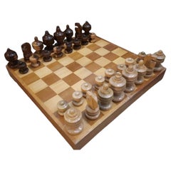 Vintage Walnut Chess Set with Folding Board