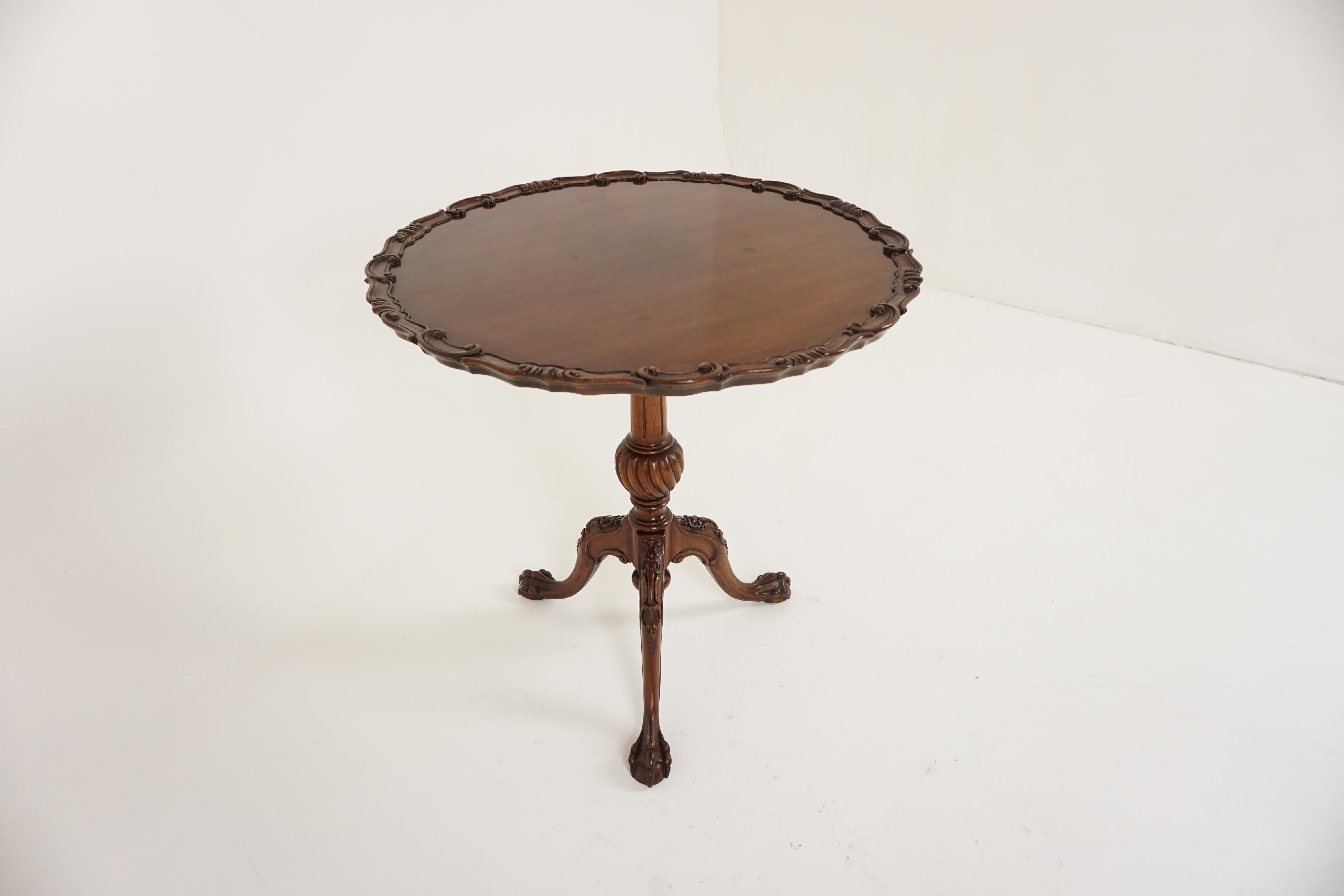 Vintage walnut circular carved tilt-table, Scotland, 1920, B2053

Scotland 1920
Solid walnut
Original finish
Beautiful circular top with pie crust edge
Standing on a carved post
Connecting to three heavily carved feet underneath
Tilt top