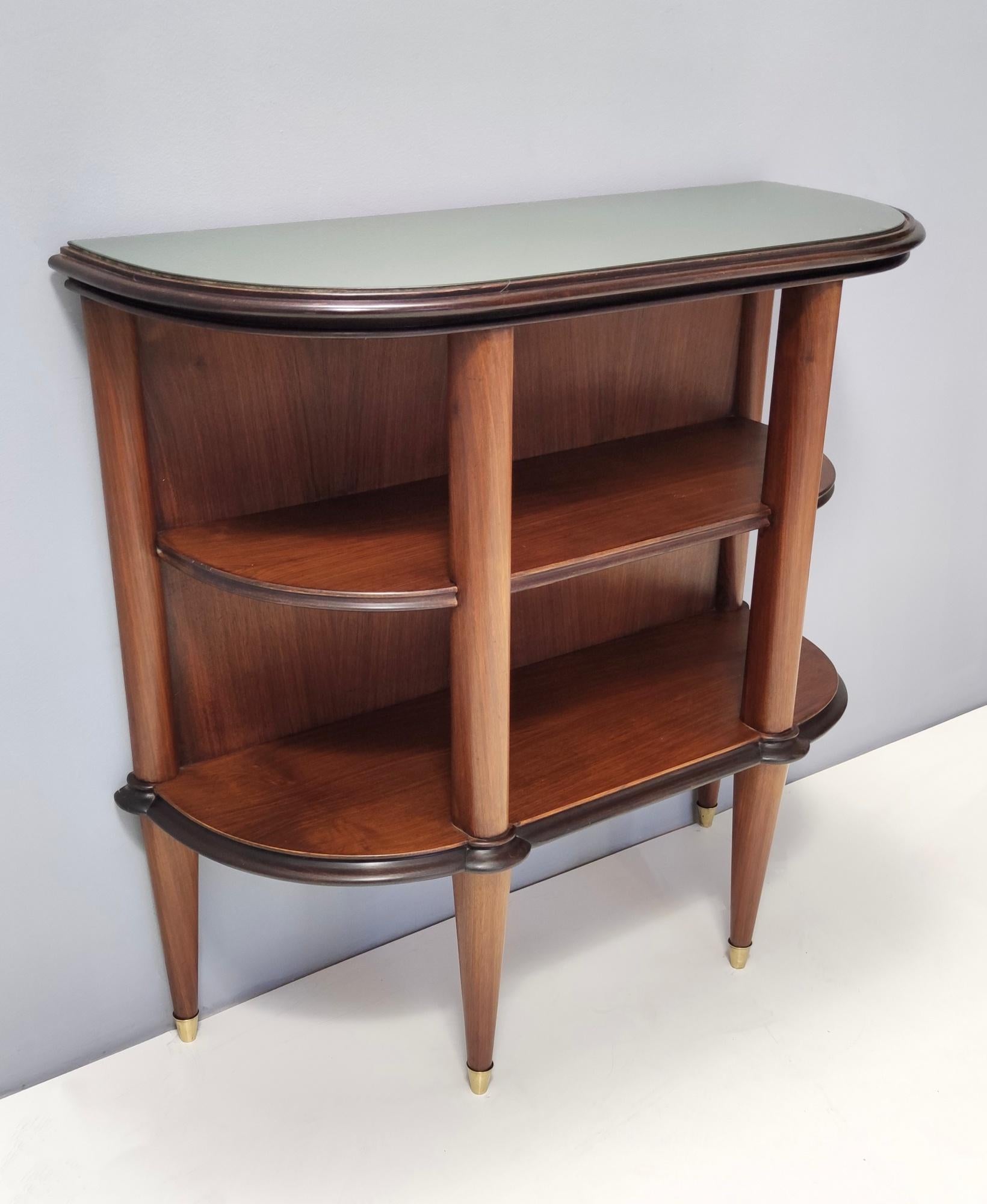 Mid-Century Modern Vintage Walnut Console Table with a Light Green Glass Top and Two Shelves, Italy For Sale