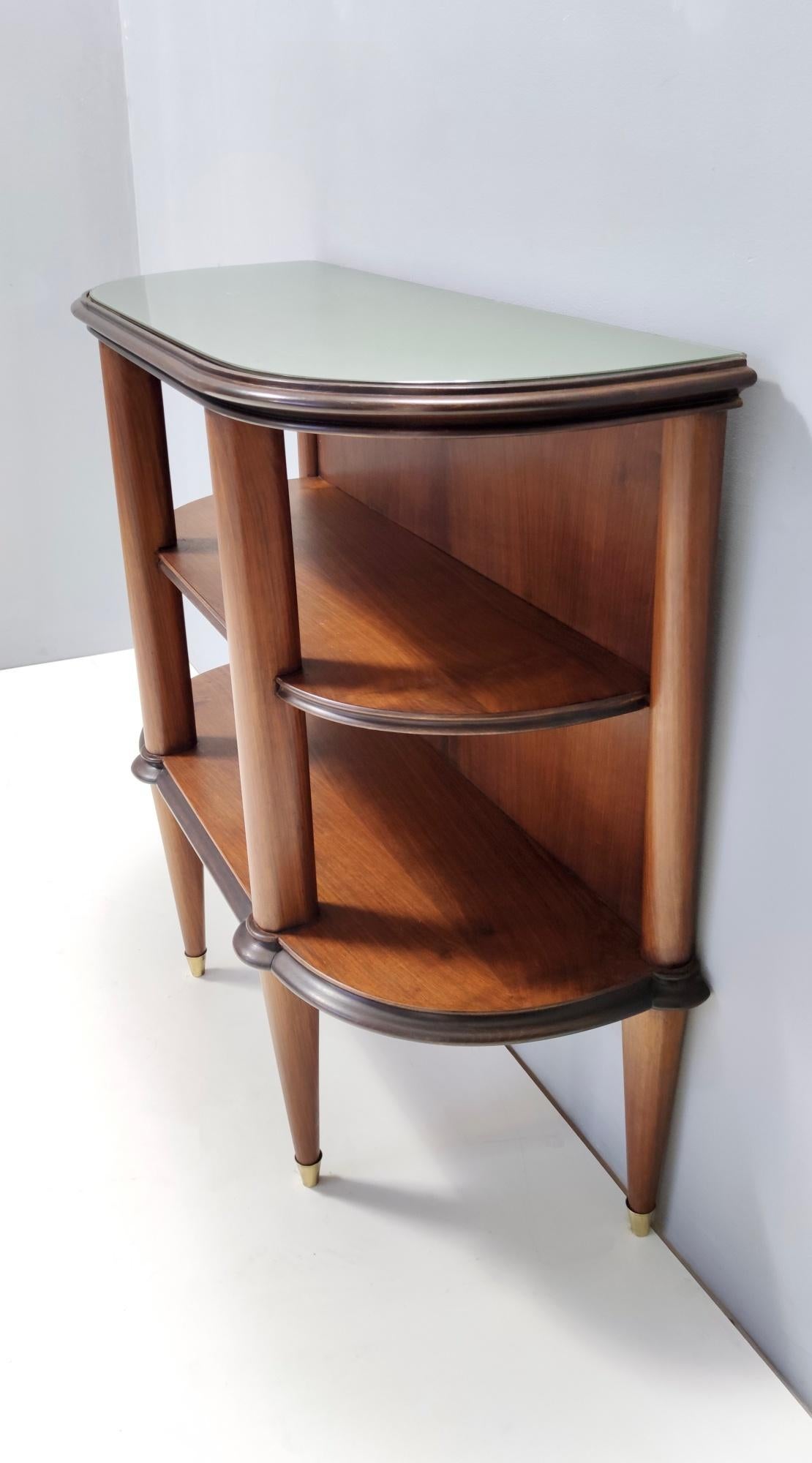 Ebonized Vintage Walnut Console Table with a Light Green Glass Top and Two Shelves, Italy For Sale