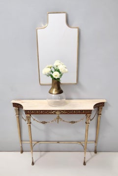 Vintage Walnut Console with a Portuguese Pink Marble Top and Brass Frame, Italy