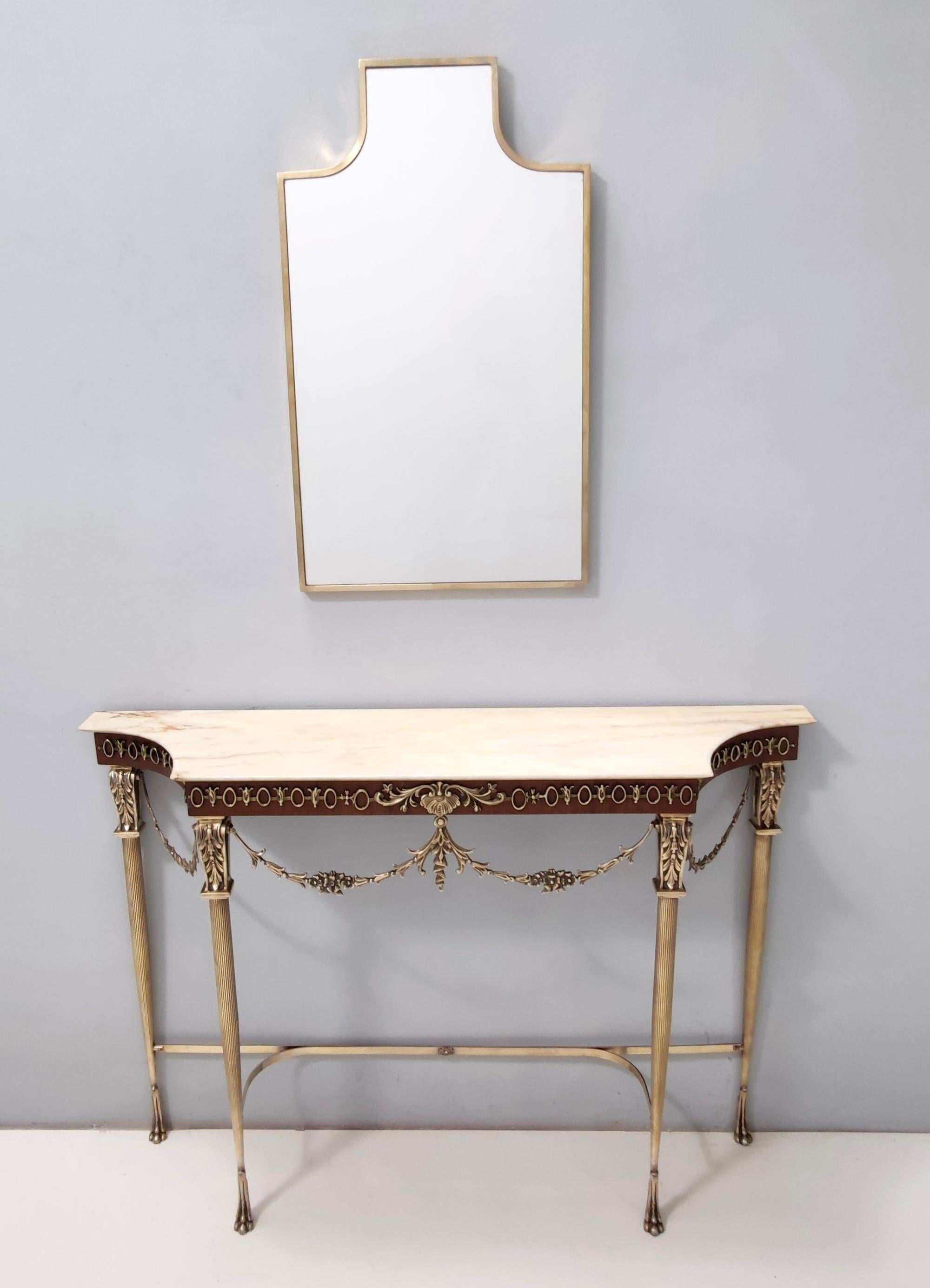 Mid-Century Modern Vintage Walnut Console with a Portuguese Pink Marble Top and Brass Frame, Italy