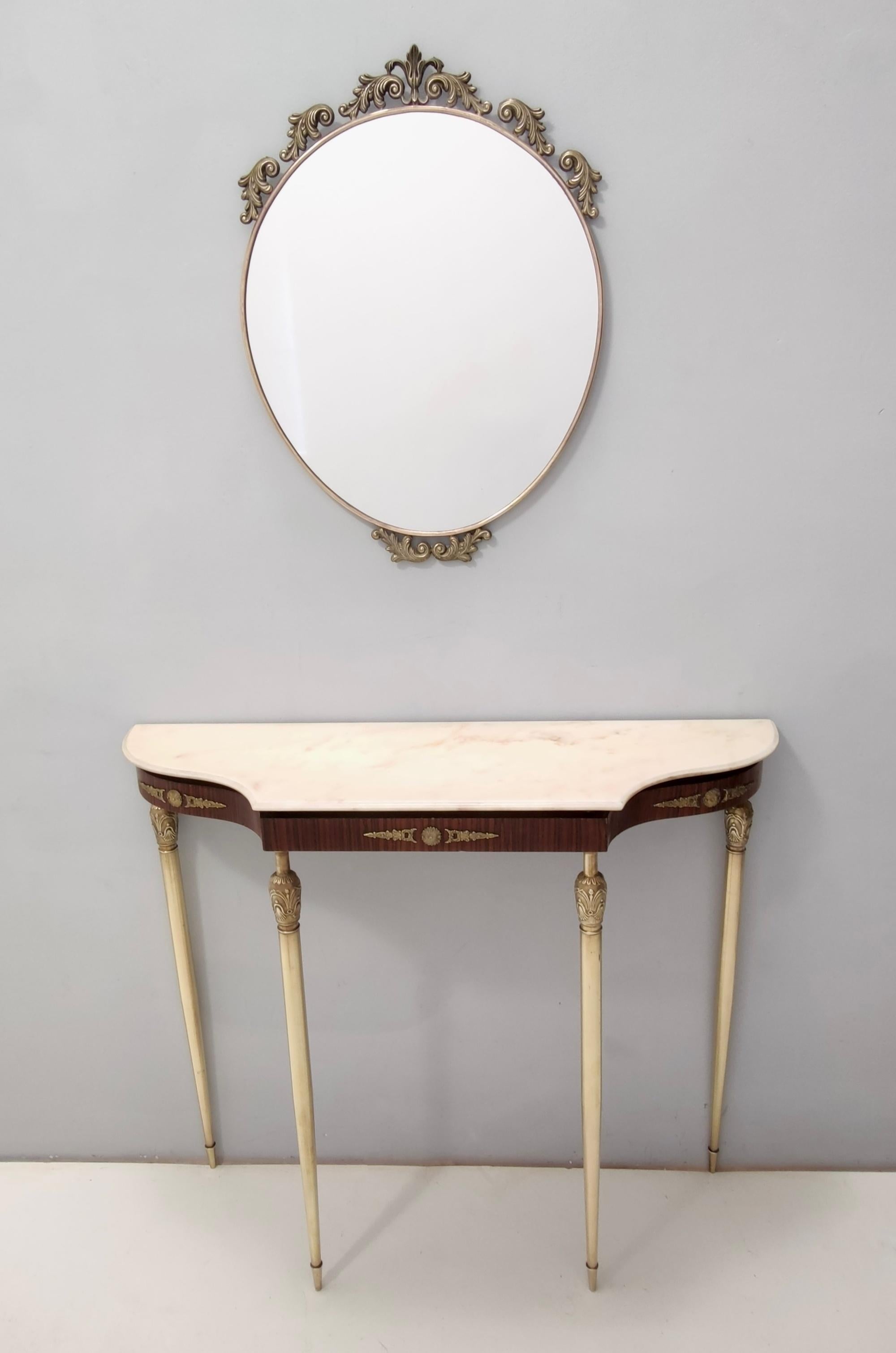 Mid-Century Modern Vintage Walnut Console with a Portuguese Pink Marble Top and Brass Frame, Italy