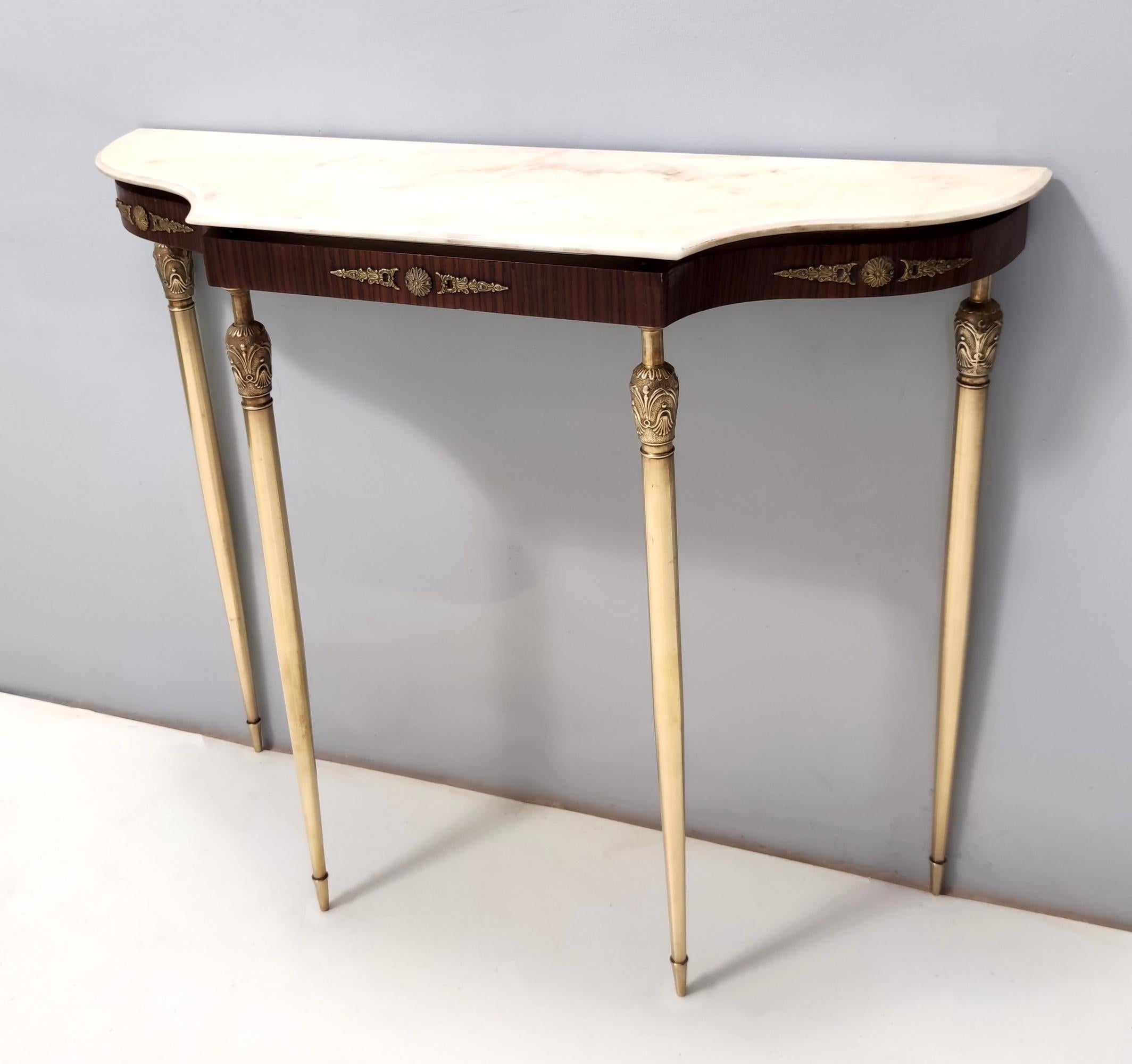 Vintage Walnut Console with a Portuguese Pink Marble Top and Brass Frame, Italy In Good Condition In Bresso, Lombardy