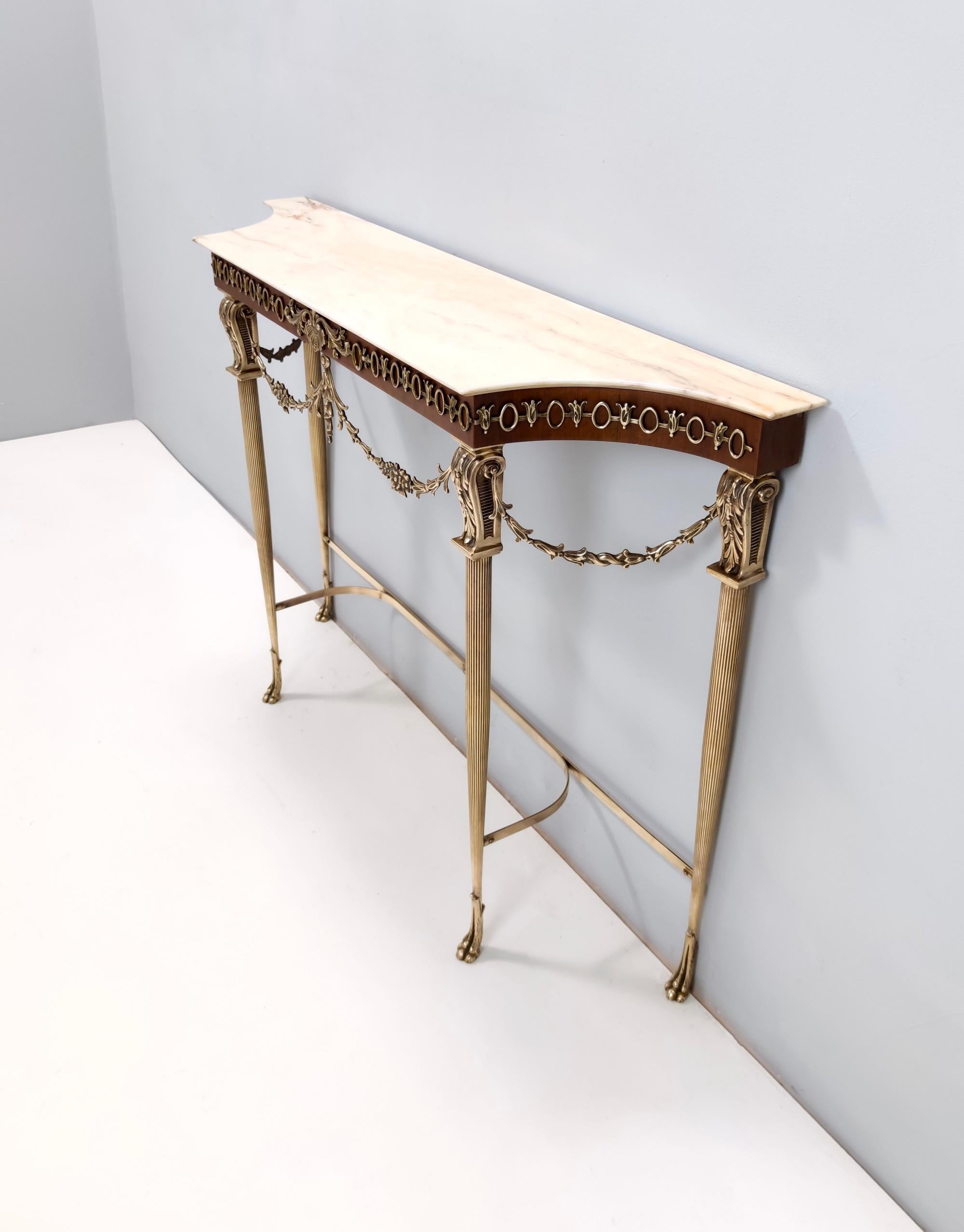 Mid-20th Century Vintage Walnut Console with a Portuguese Pink Marble Top and Brass Frame, Italy