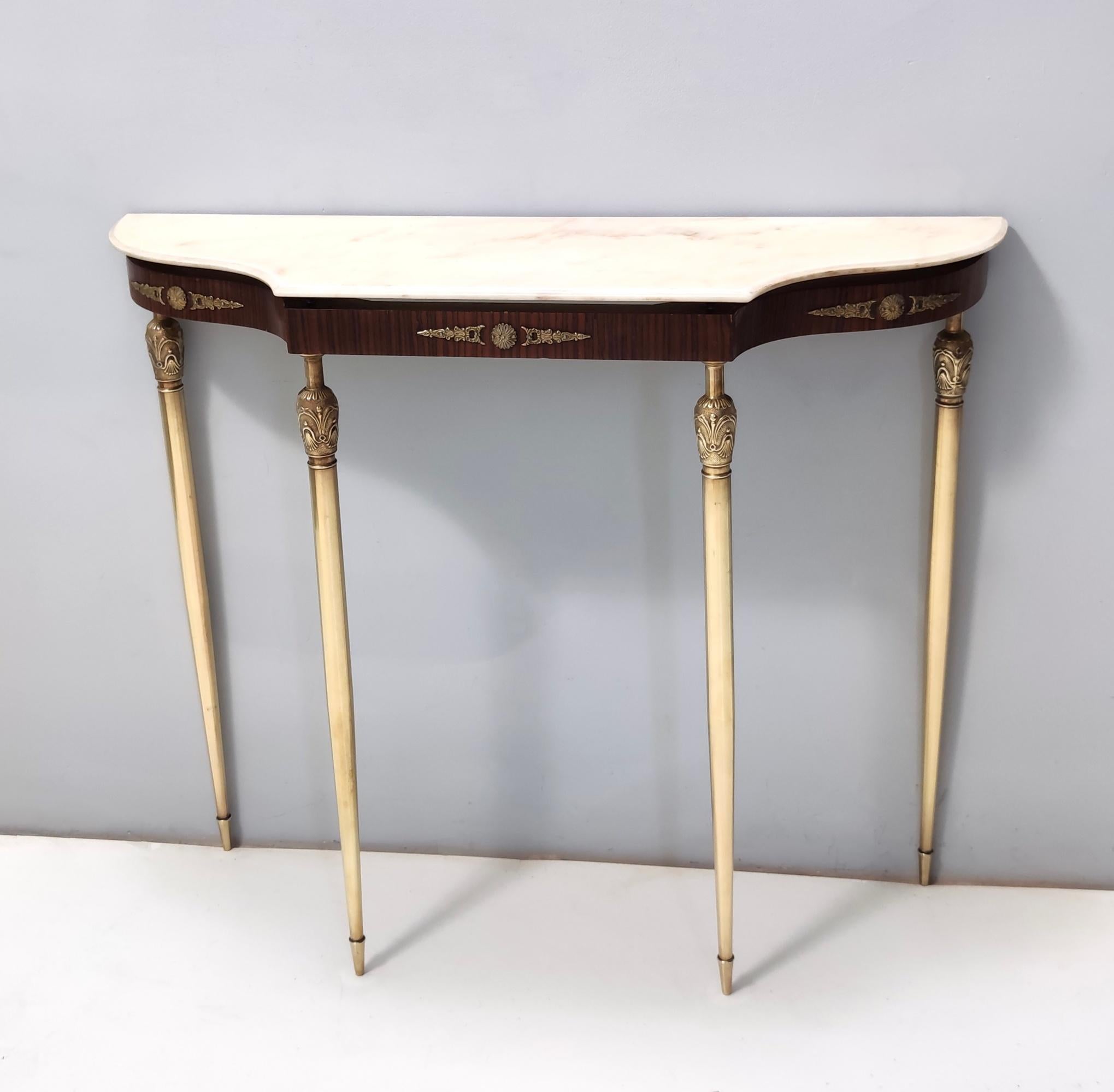 Mid-20th Century Vintage Walnut Console with a Portuguese Pink Marble Top and Brass Frame, Italy