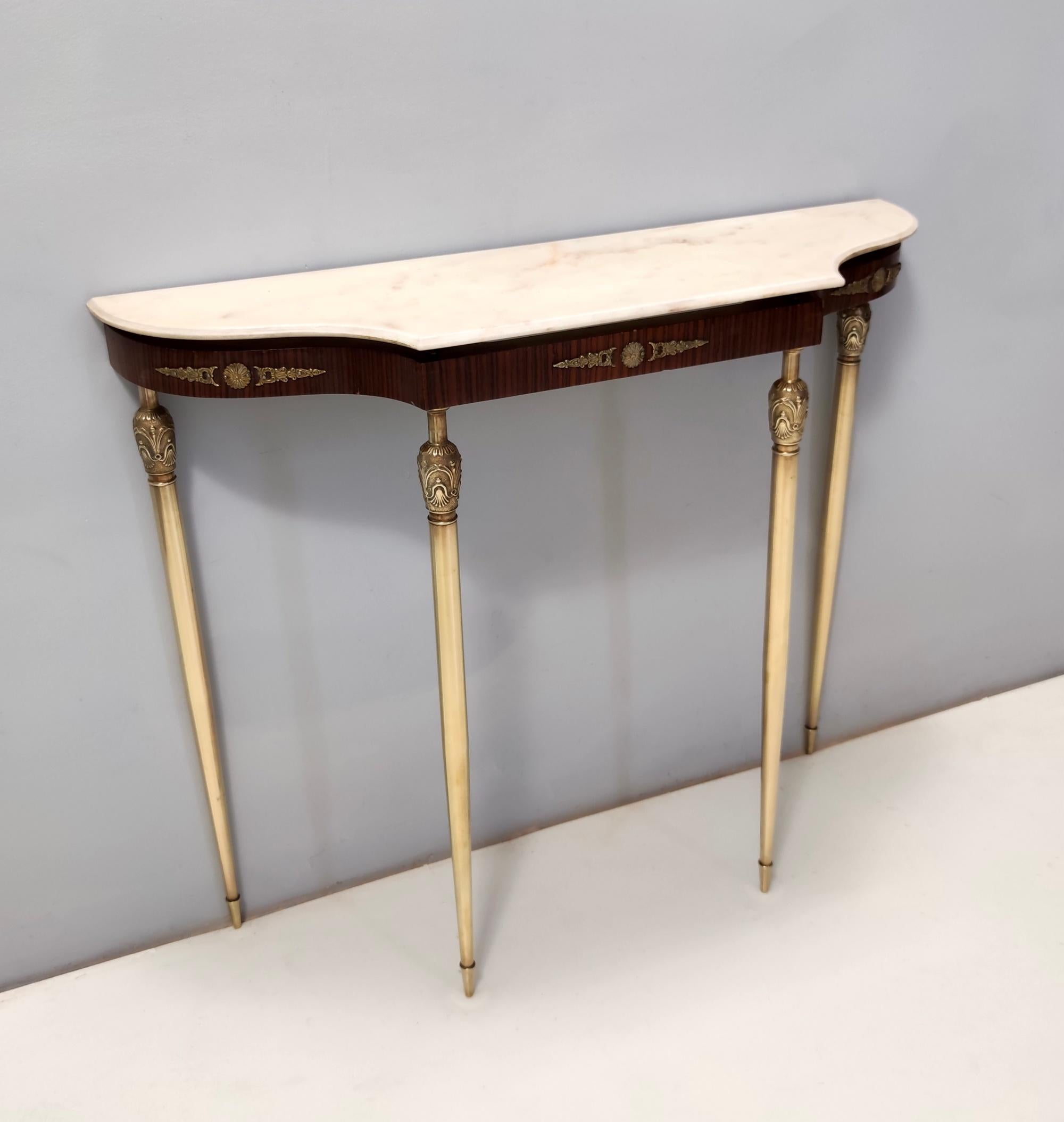 Vintage Walnut Console with a Portuguese Pink Marble Top and Brass Frame, Italy 1