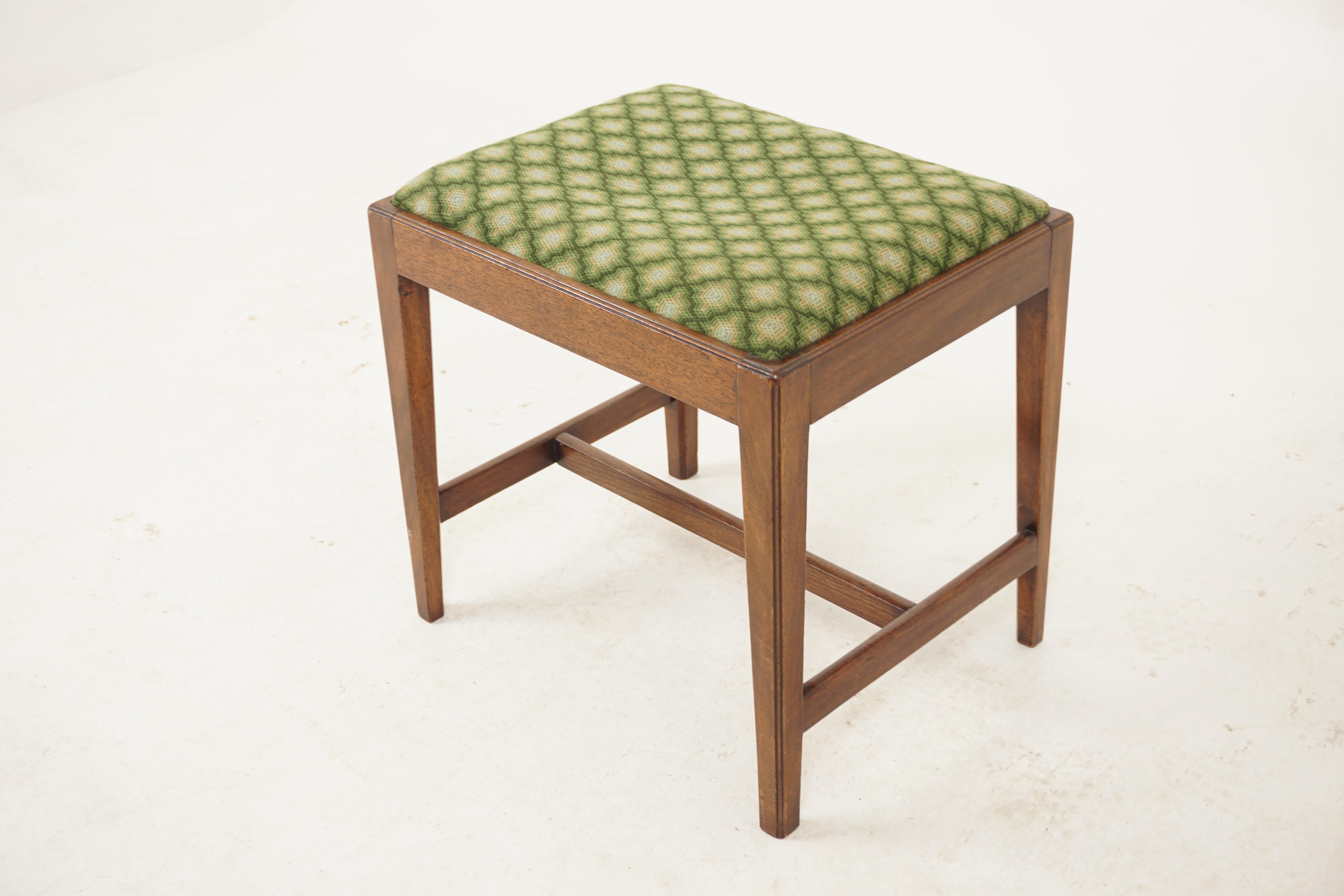 Vintage Walnut Dressing, Music, Fireside Stool, Footstool, Scotland 1930, H507

Scotland 1930
Solid Walnut
Original Finish
Rectangular  top with lift out upholstered seat
Standing on four square tapering legs
All connected by an H stretcher