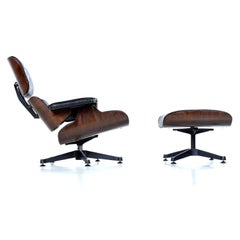 Vintage Walnut Eames Lounge Chair and Ottoman Replica Set in Black Leather