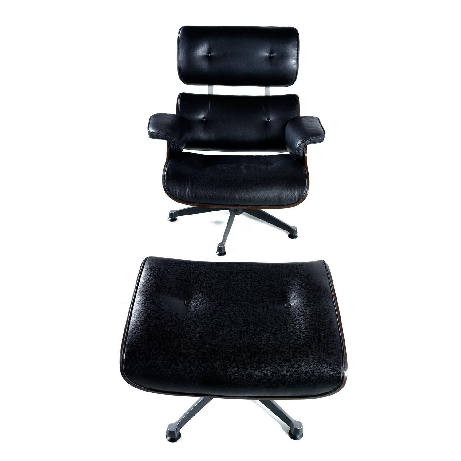 Vintage Walnut Eames Lounge Chair and Ottoman Replica Set in Black Leather  at 1stDibs