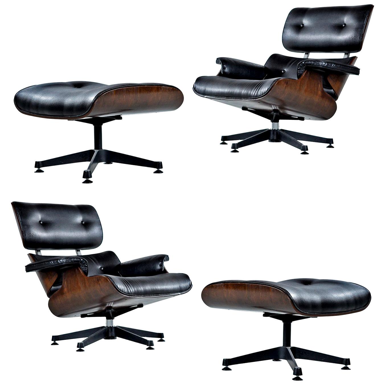 Vintage Walnut Eames Lounge Chair and Ottoman Replica Set in Black Leather