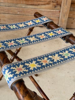 Vintage Walnut Faux Bamboo Folding Luggage Rack With Needlepoint Straps