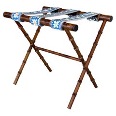Vintage Walnut Faux Bamboo Folding Luggage Rack With Needlepoint Straps