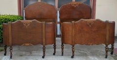Vintage Walnut French Curved Footboard Twin Beds, a Pair