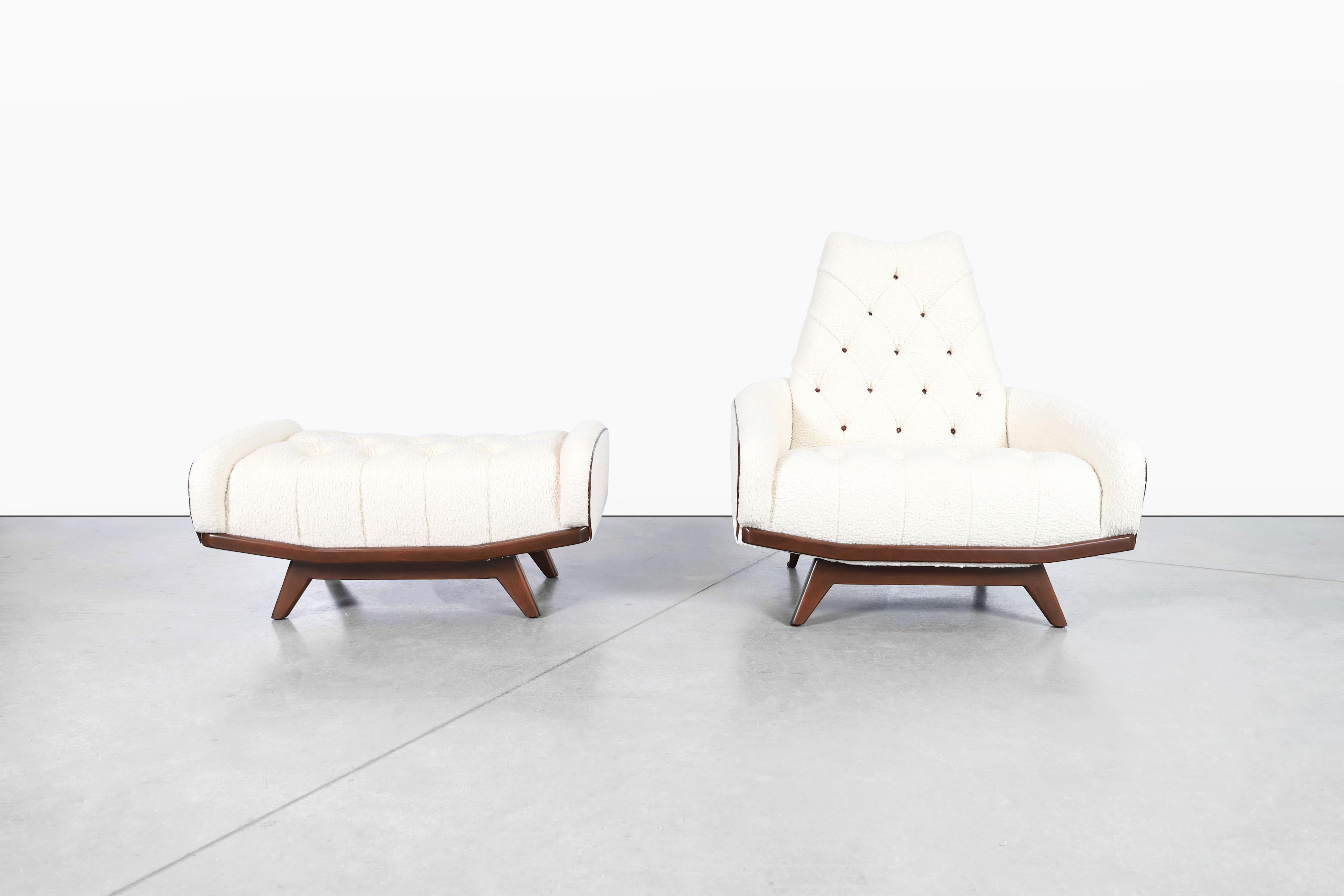 Beautiful vintage walnut “Gondola” lounge chair and ottoman attributed to Adrian Pearsall, designed in USA circa 1950s. Both the chair and the ottoman have a representative design of the mid-century era, where the elegant lines that make up the