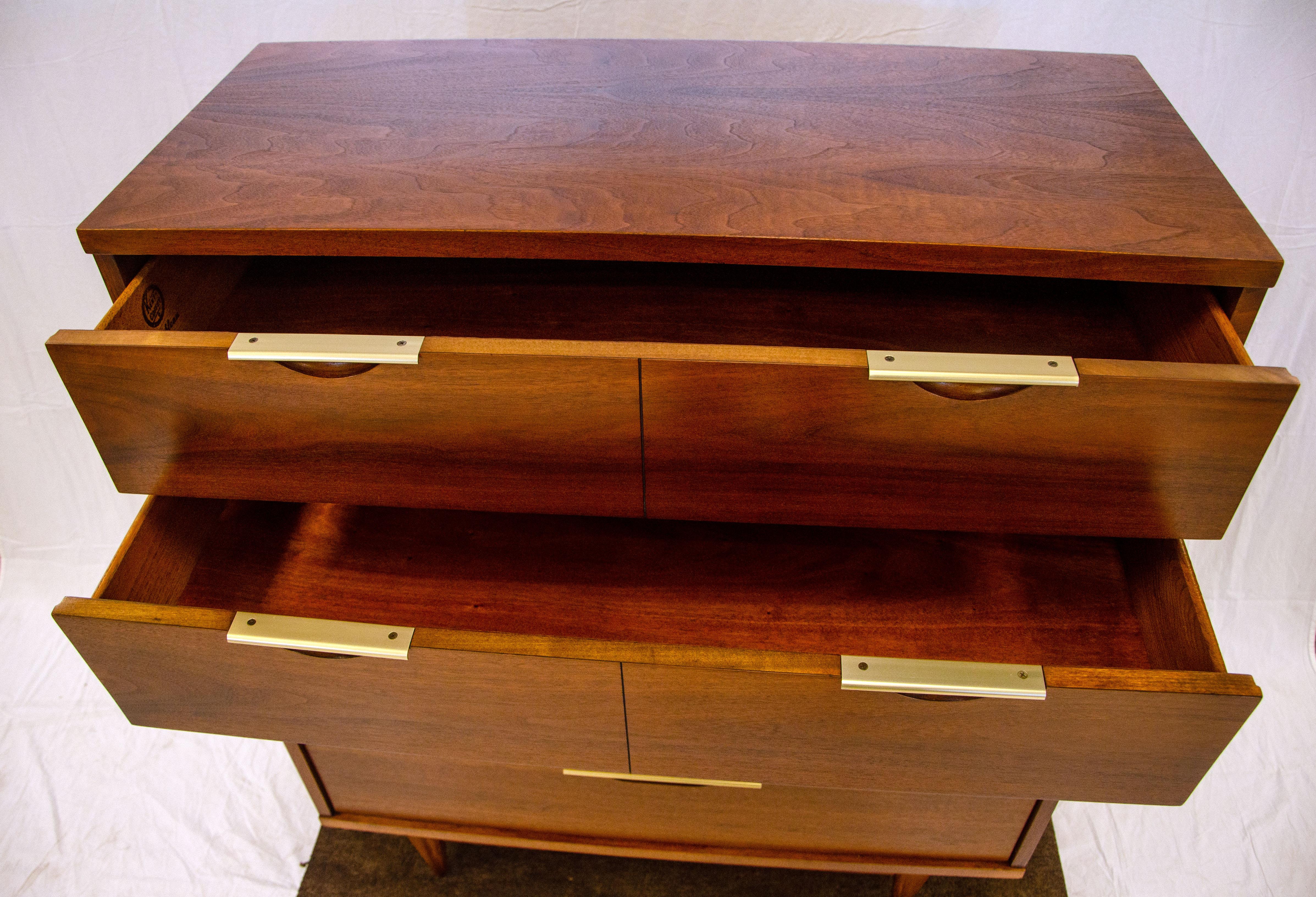 Brass Vintage Walnut Hi-Boy Dresser, Kent Coffey 