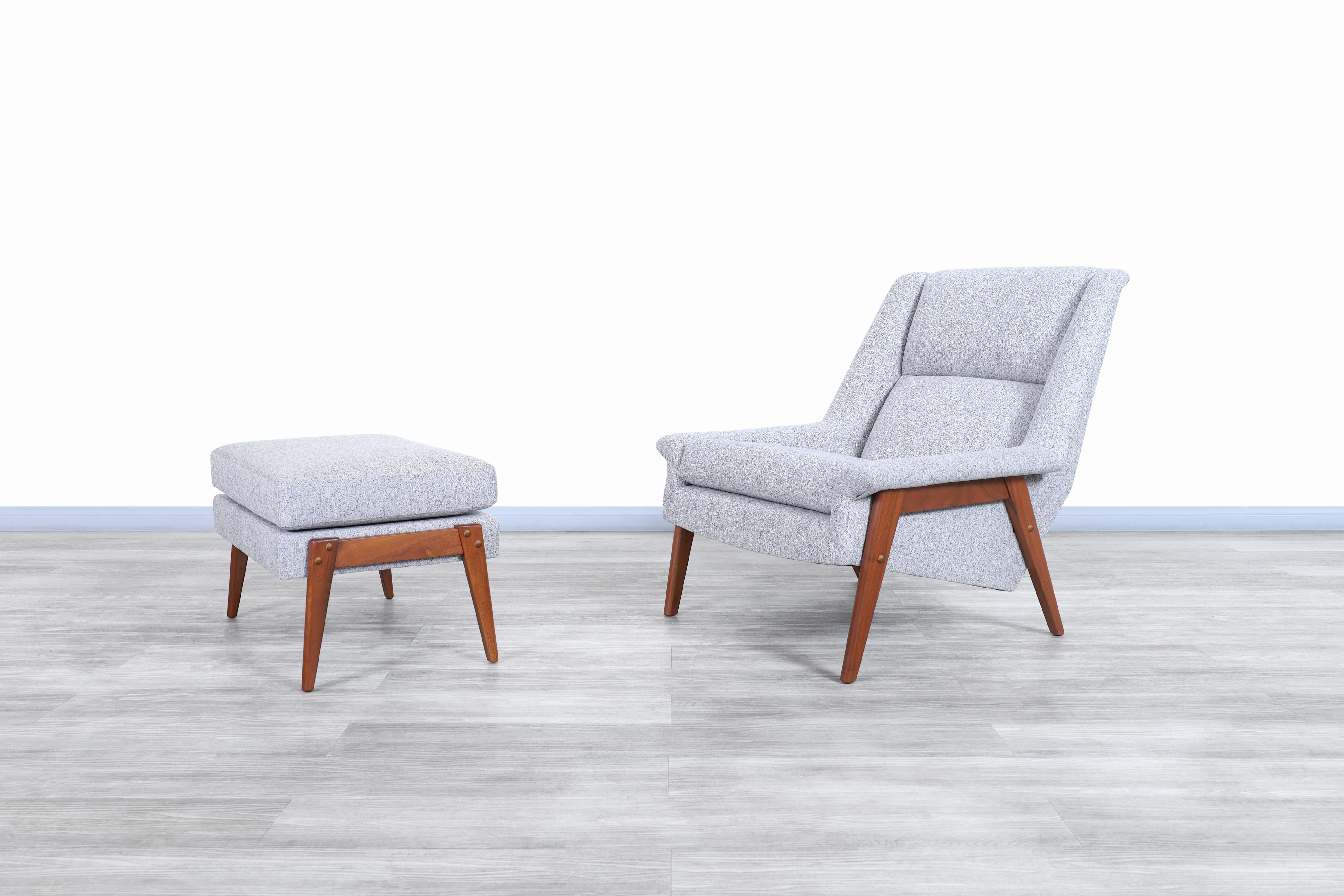 Amazing vintage walnut lounge chair and ottoman attributed to Folke Ohlsson and manufactured circa 1950s. Both the chair and the ottoman have a representative design of the Scandinavian era, where the elegant lines that make up the detailed edges of