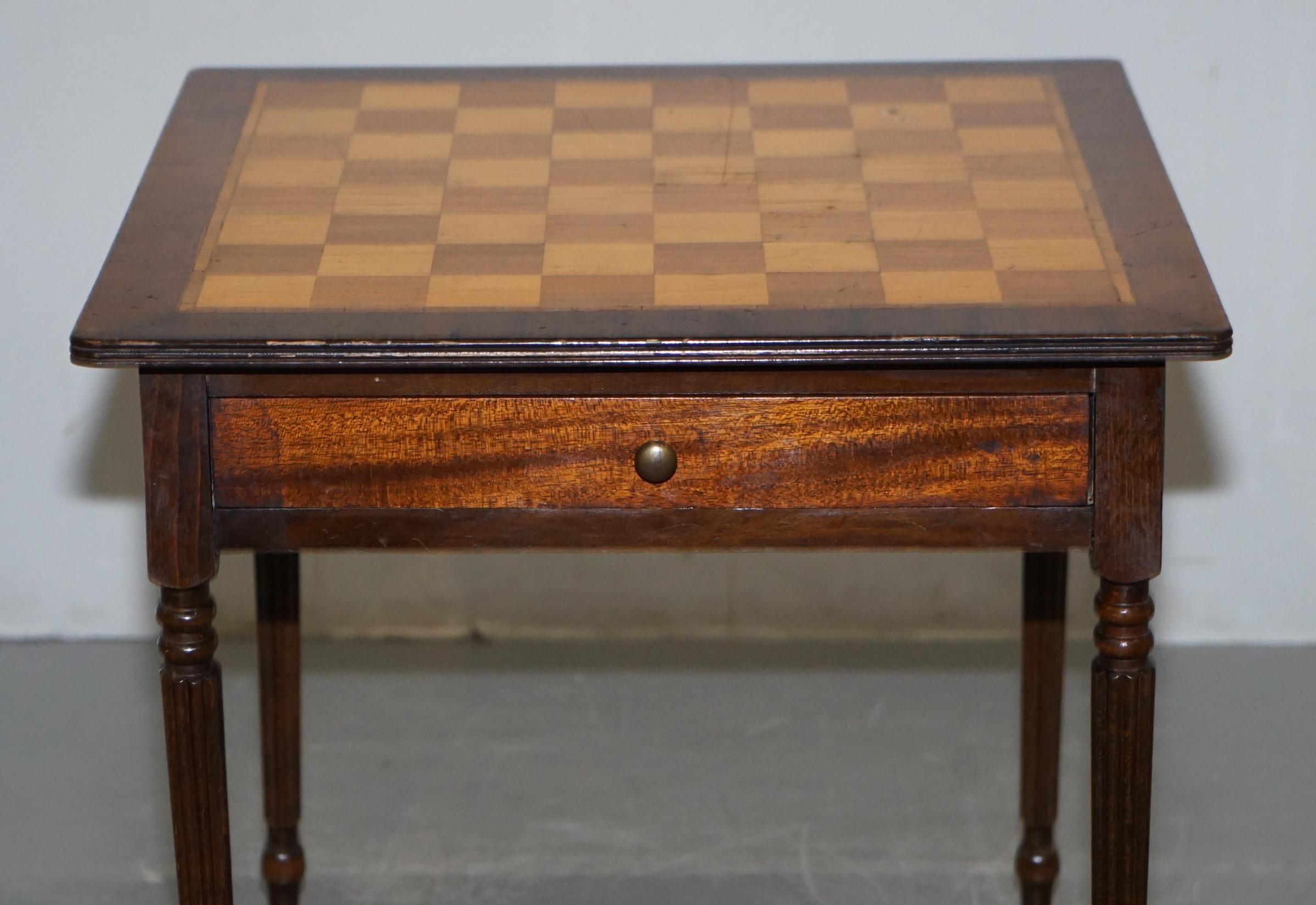 20th Century Vintage Walnut & Hardwood Marquetry Inlaid Chess Board Games Table with Drawer For Sale