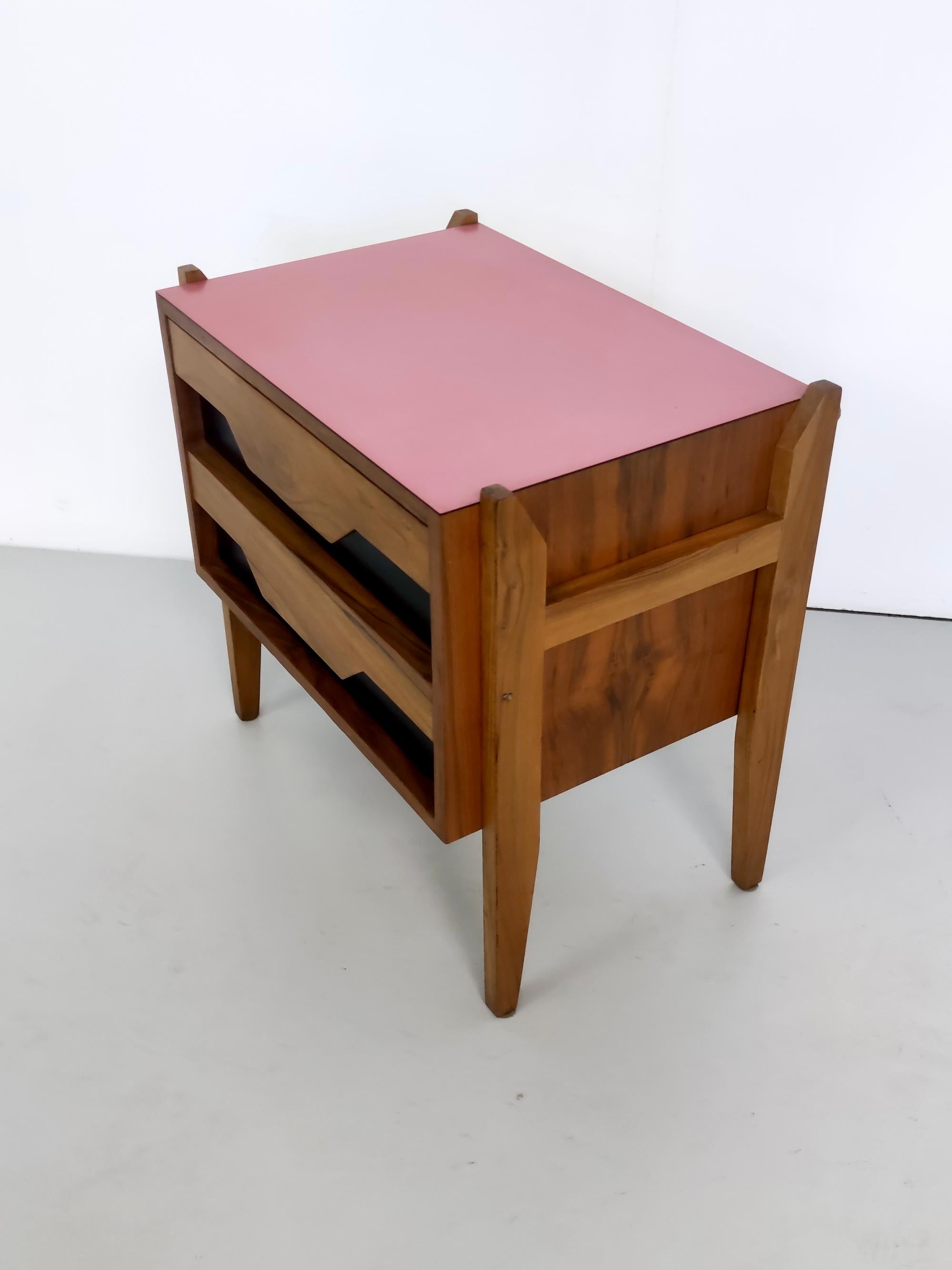 Mid-20th Century Vintage Walnut Nightstand attr. to Ico Parisi with a Pink Top and Black Drawers For Sale