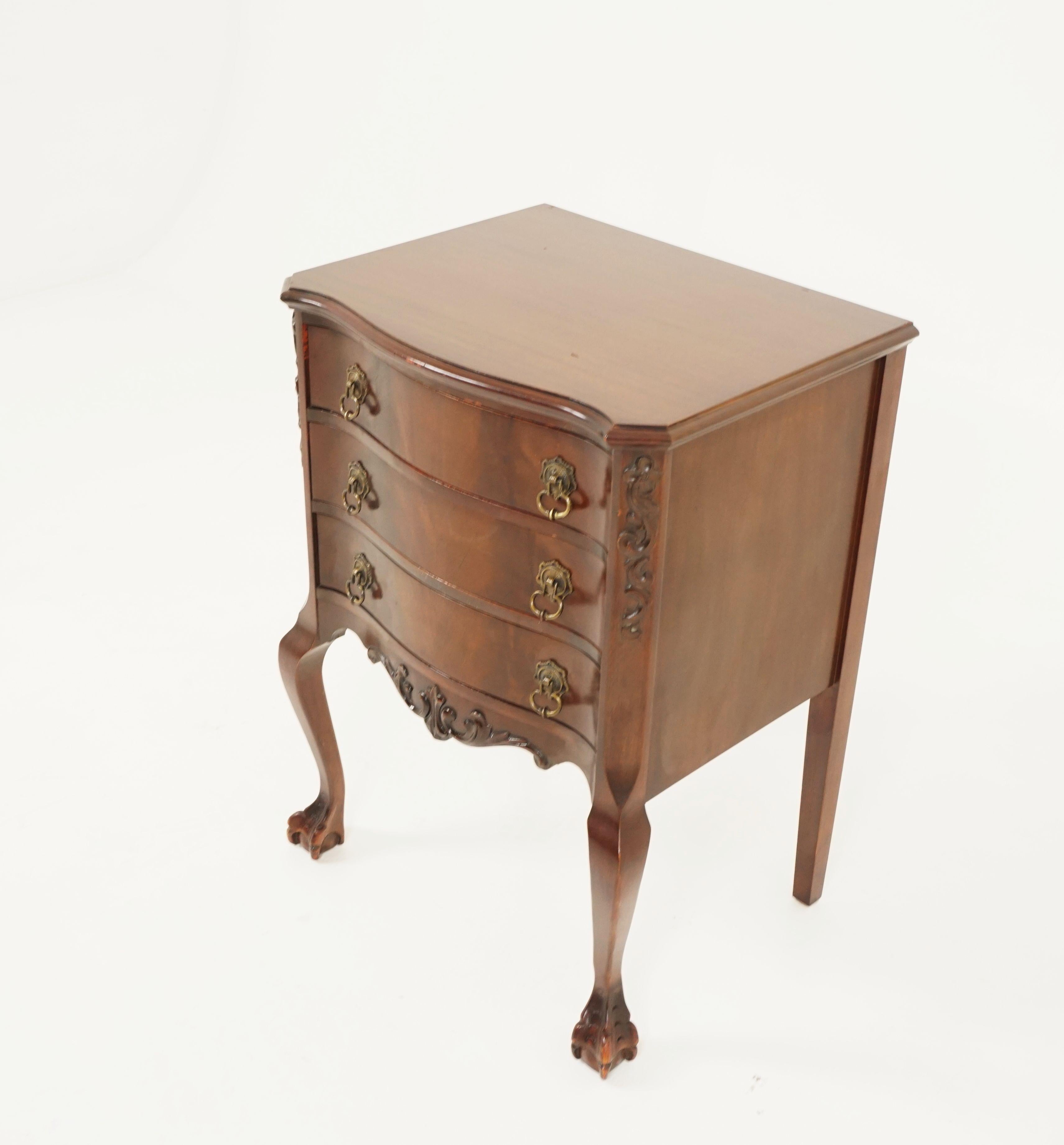 Vintage walnut nightstand, serpentine three drawers, lamp table, 