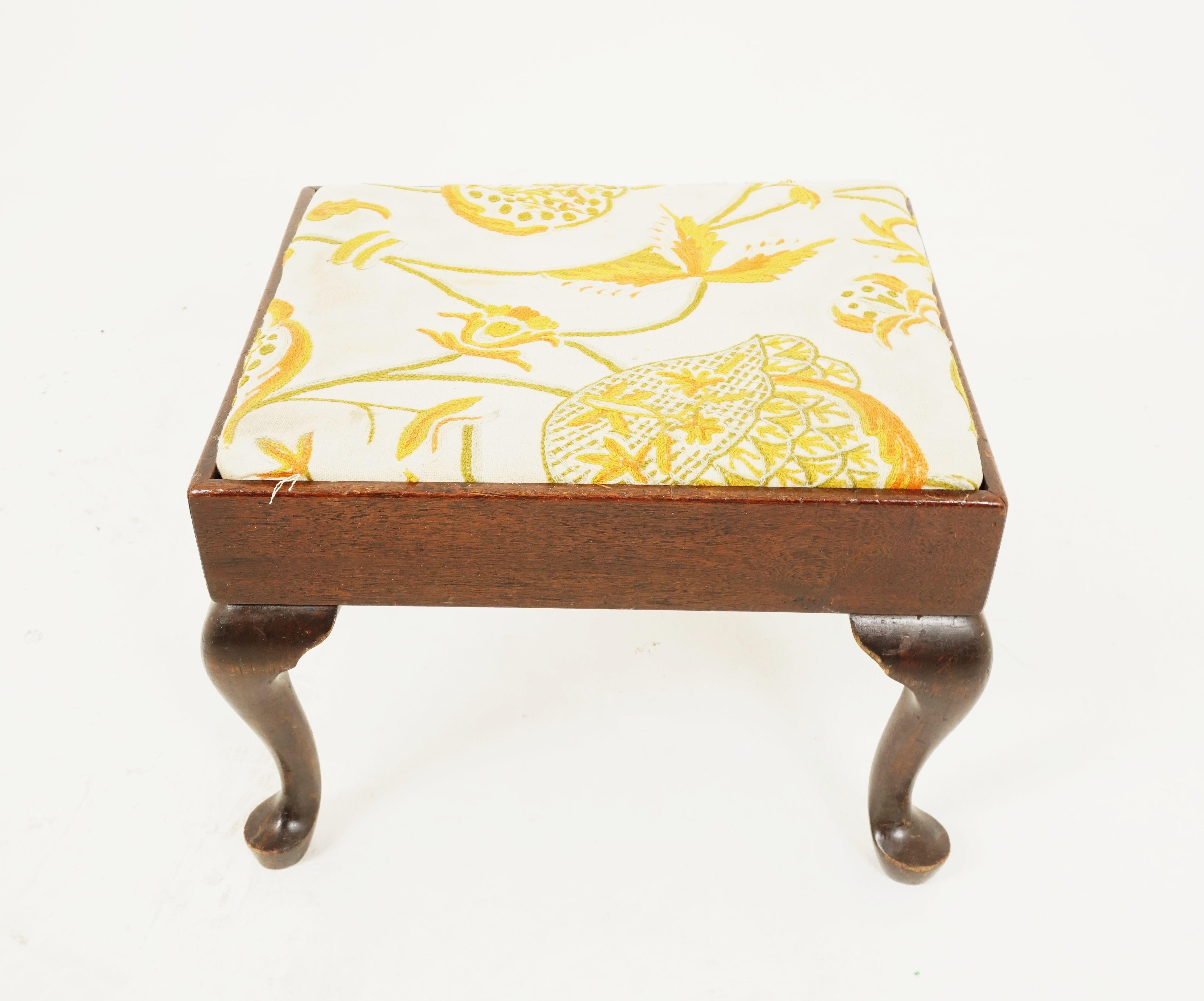 Early 20th Century Vintage Walnut Queen Anne Style Upholstered Stool, Scotland 1920, B2713