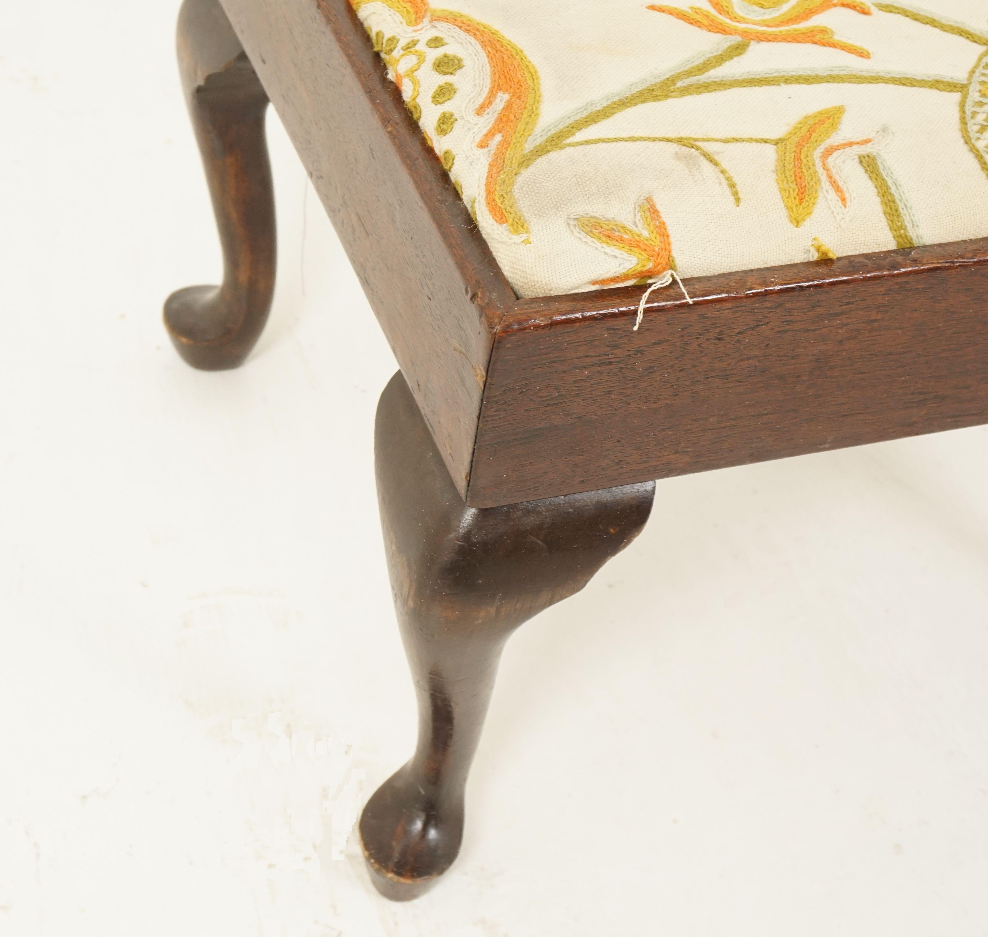 Vintage Walnut Queen Anne Style Upholstered Stool, Scotland 1920, B2713 1