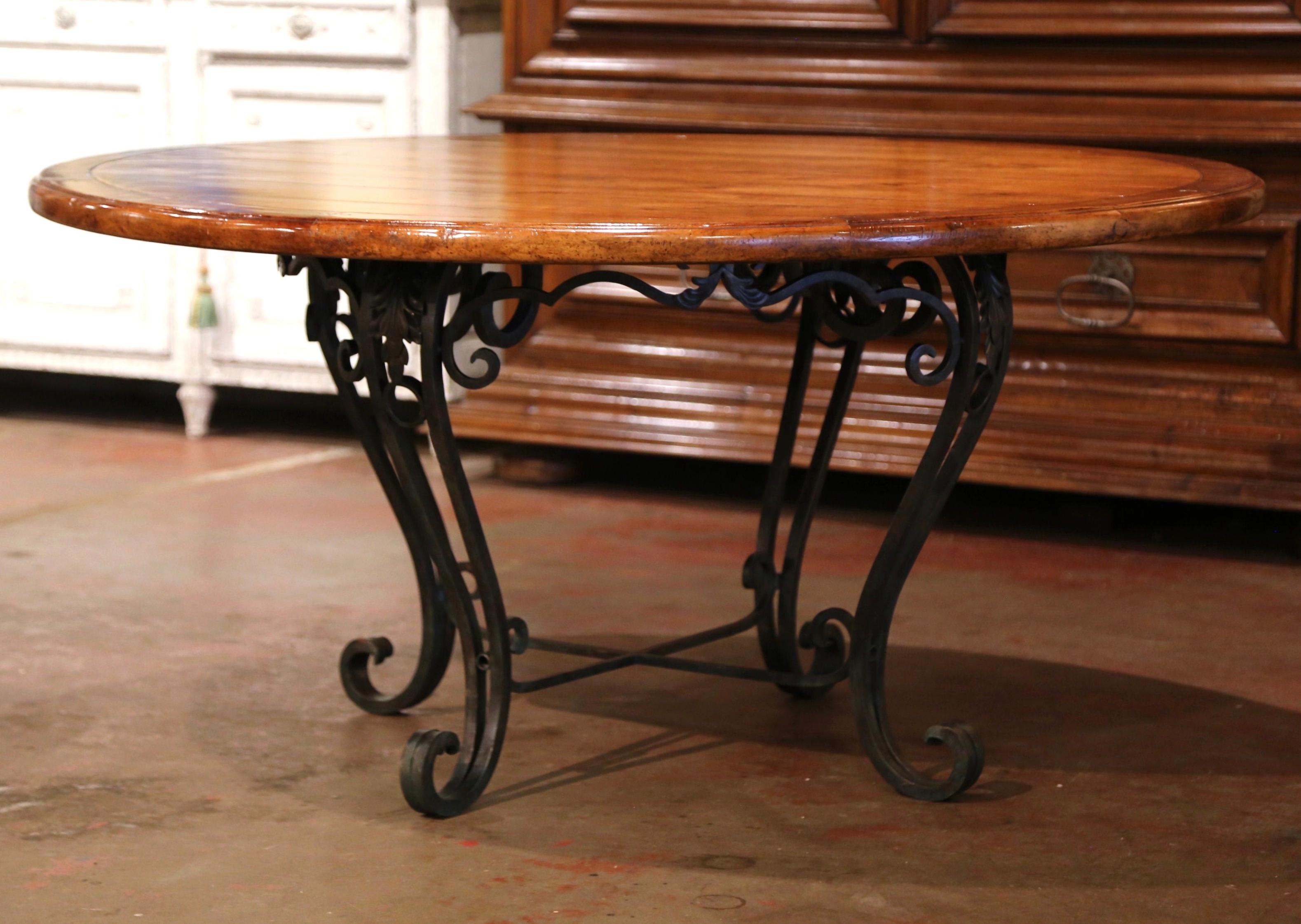 American Vintage Walnut Round Dining Room Table on Four-Leg Wrought Iron Base