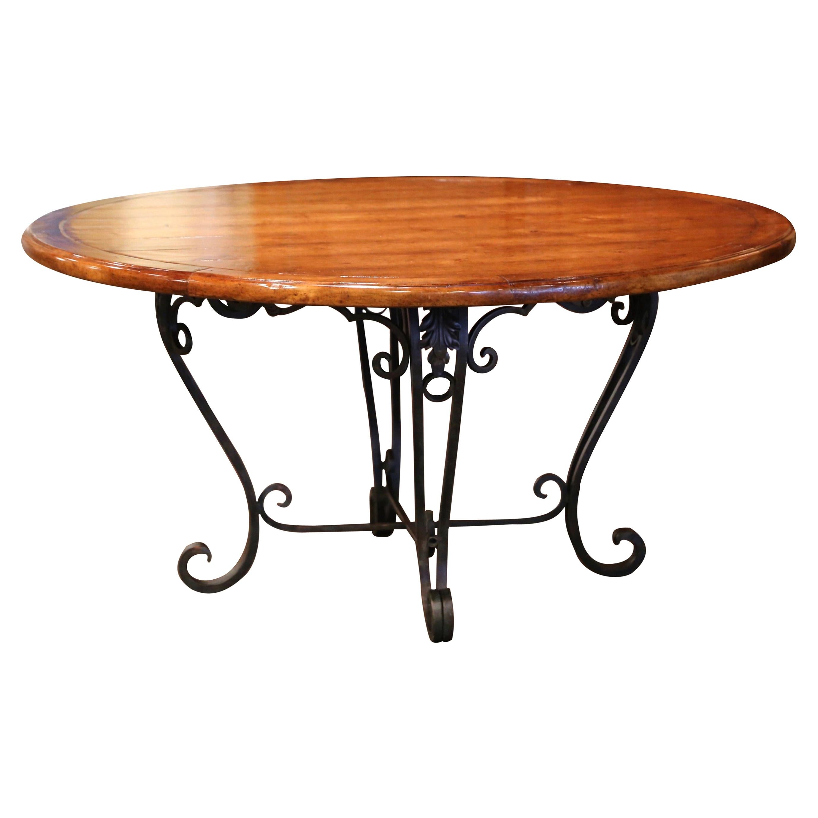 Vintage Walnut Round Dining Room Table on Four-Leg Wrought Iron Base