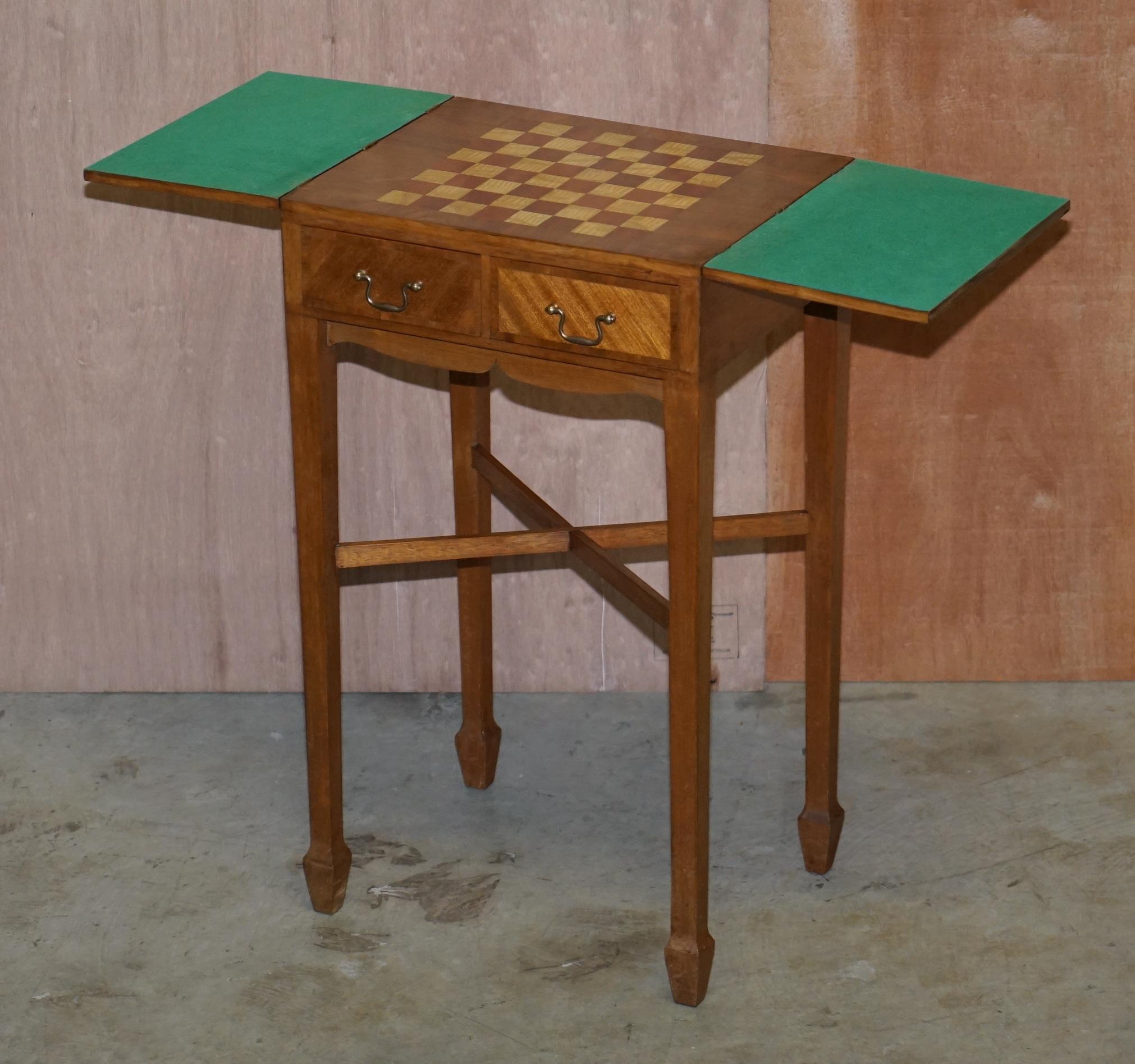 Vintage Walnut Satinwood Games Card Side Table, Fold Out Chess Board & Drawers For Sale 3