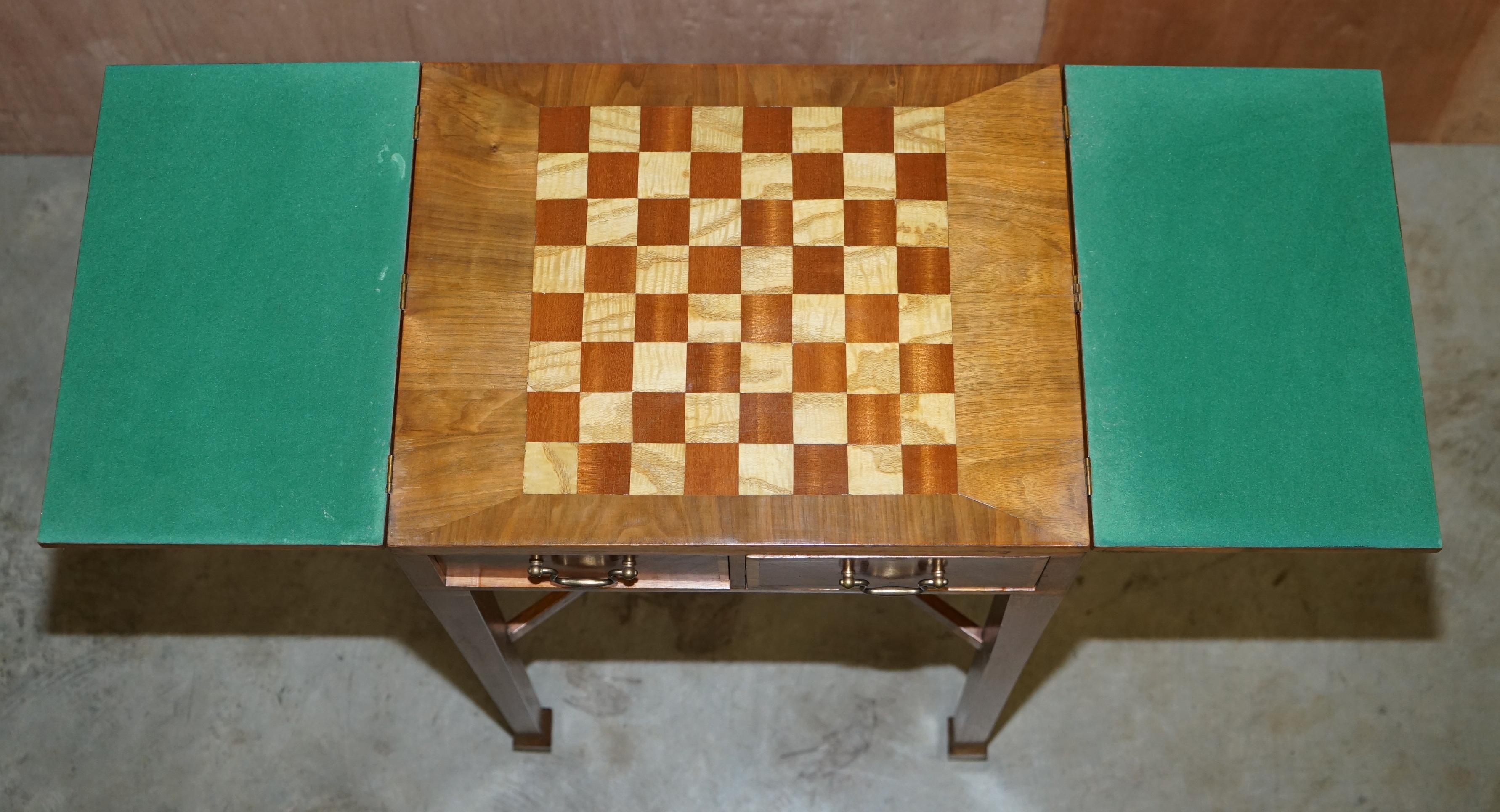 Vintage Walnut Satinwood Games Card Side Table, Fold Out Chess Board & Drawers For Sale 4
