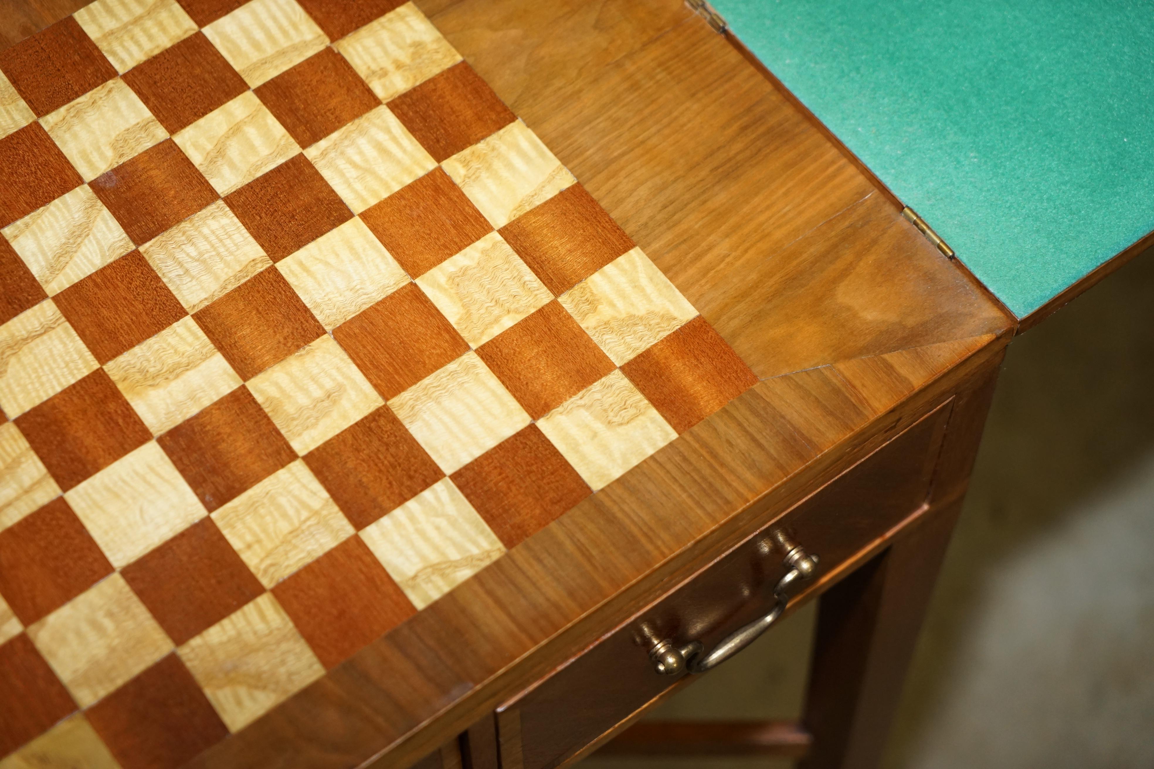 Vintage Walnut Satinwood Games Card Side Table, Fold Out Chess Board & Drawers For Sale 6