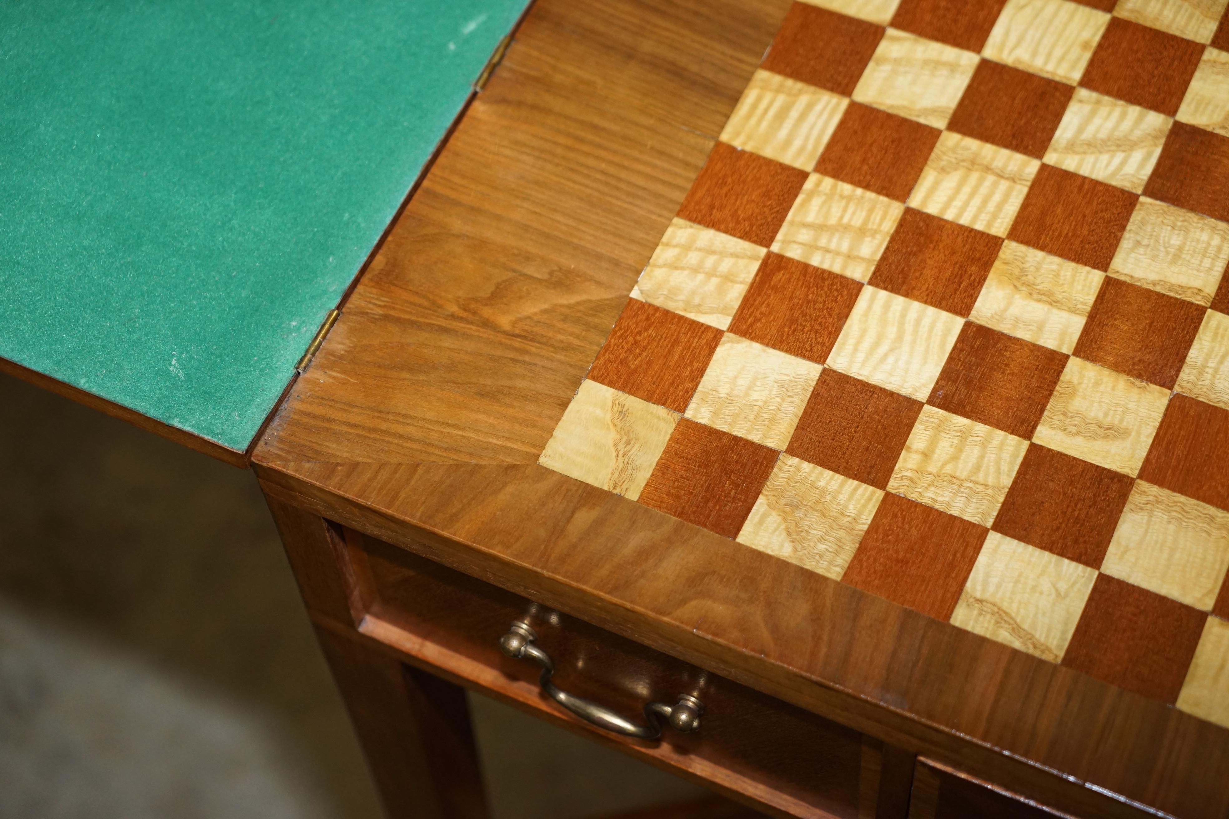 Vintage Walnut Satinwood Games Card Side Table, Fold Out Chess Board & Drawers For Sale 7