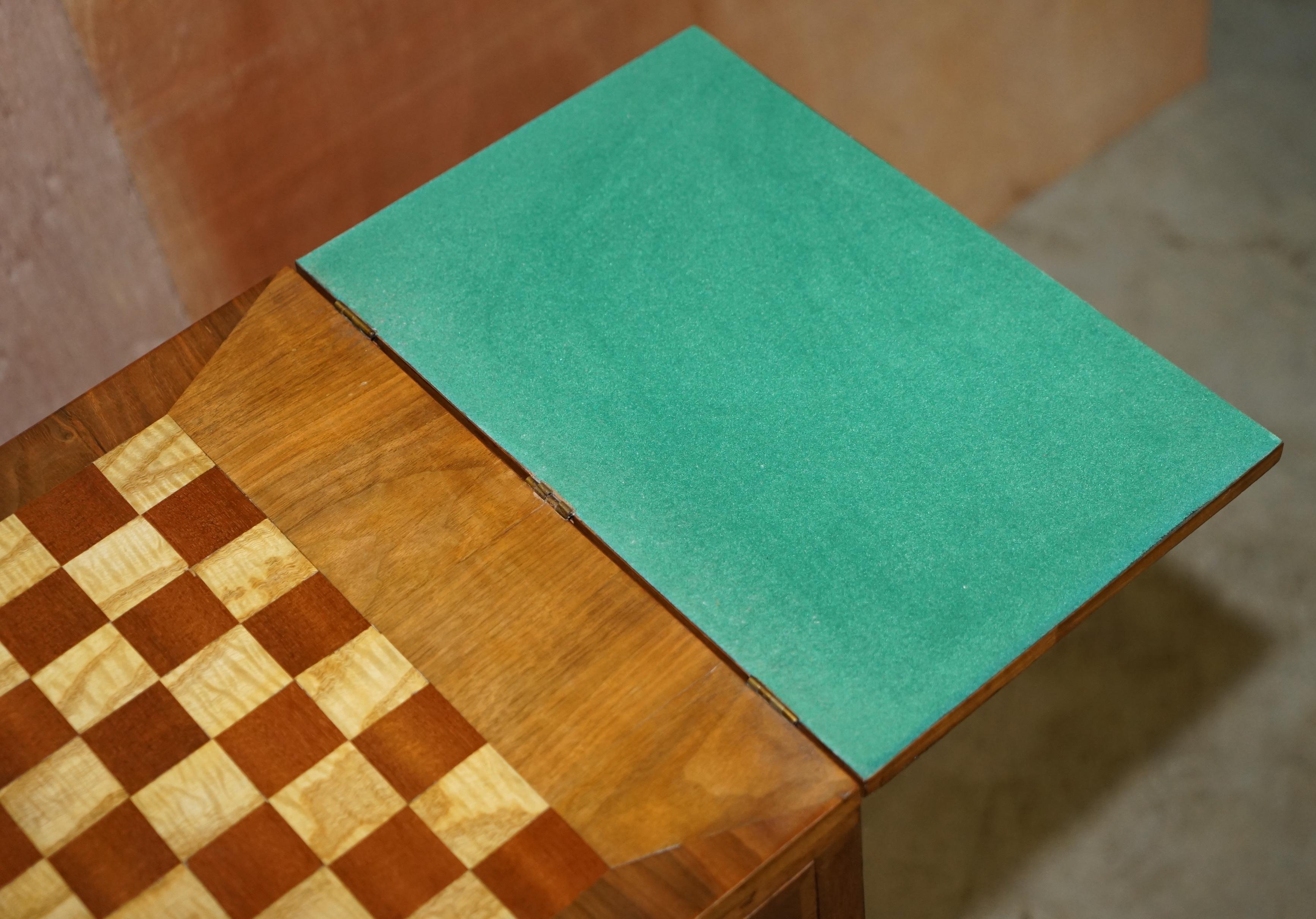 Vintage Walnut Satinwood Games Card Side Table, Fold Out Chess Board & Drawers For Sale 10