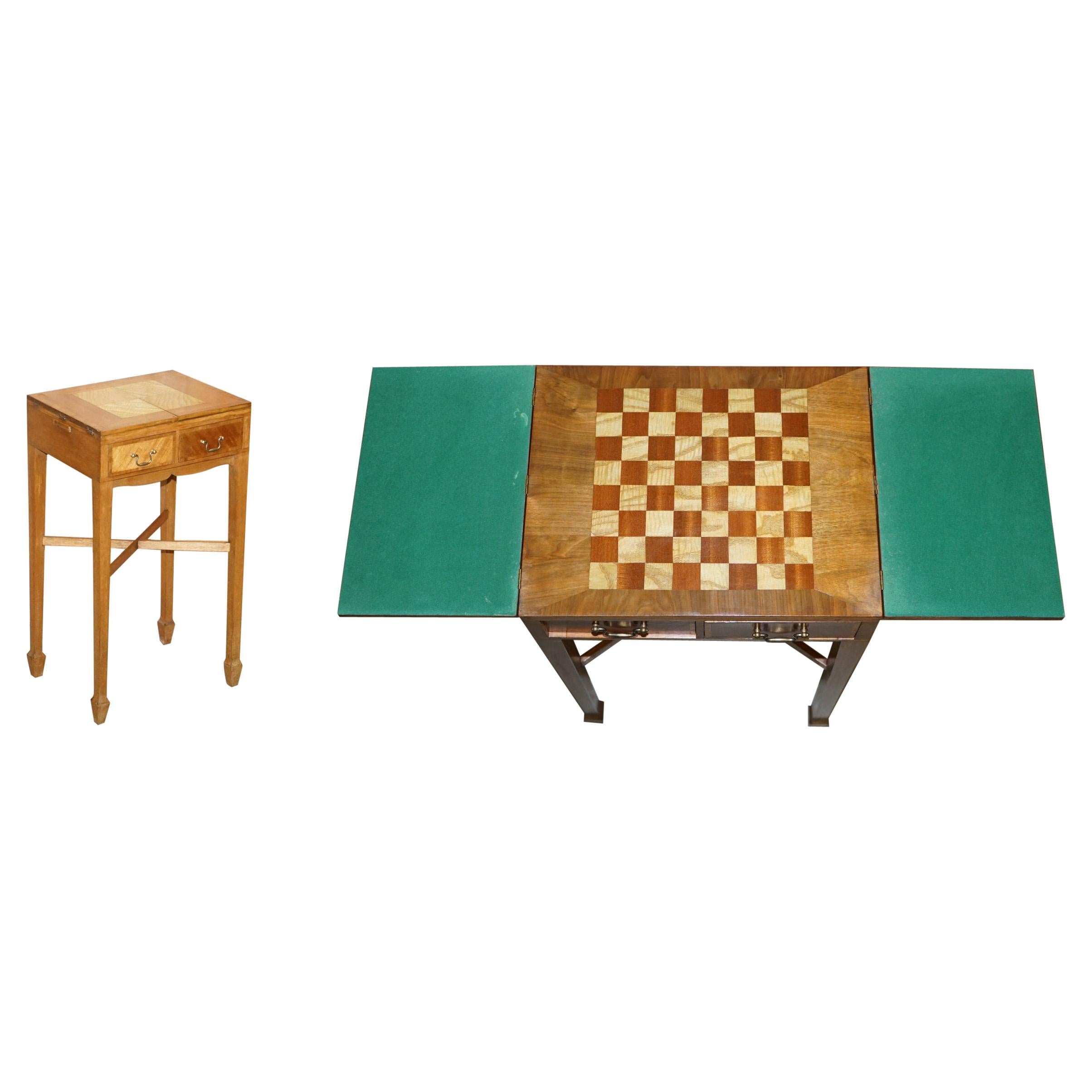 Vintage Walnut Satinwood Games Card Side Table, Fold Out Chess Board & Drawers For Sale