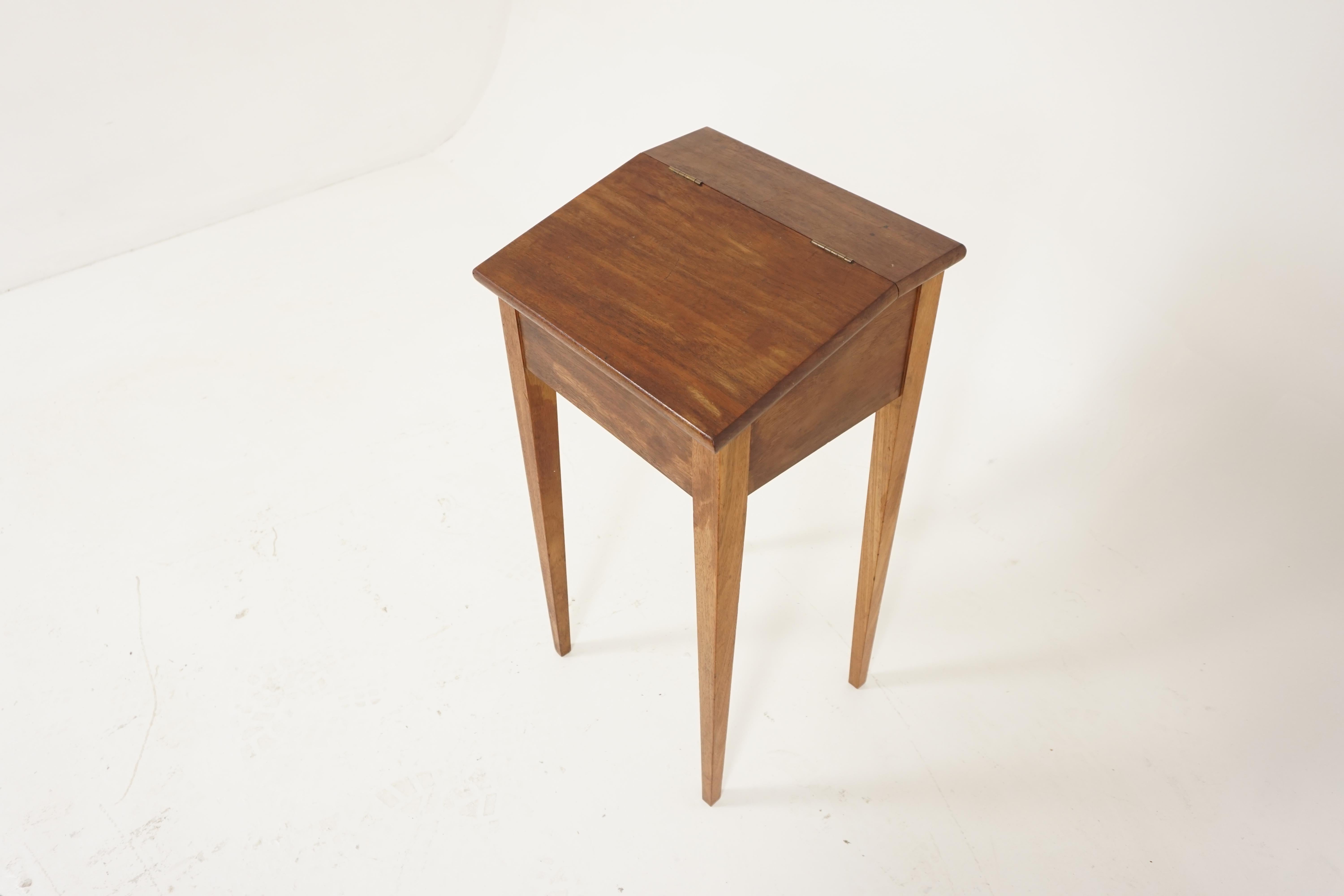 Vintage walnut slope-front child's desk, Scotland, 1940s, B1902

Scotland, 1940s
Solid walnut
Original finish
Slope-front writing surface
Lift-up lid with storage inside
Standing on four tall tapered legs
Good