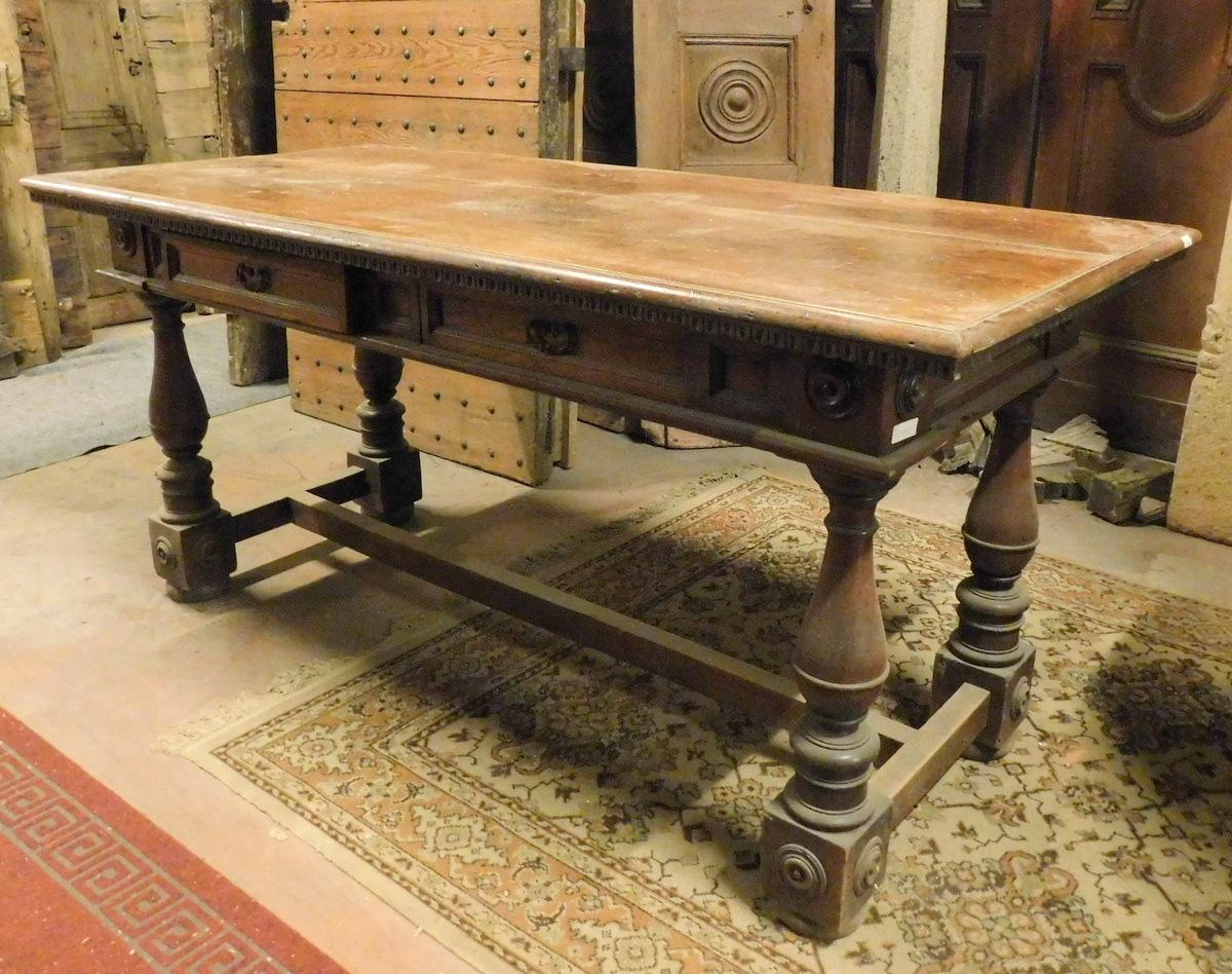 Vintage dining table, office or center table, built entirely by hand and carved in precious walnut wood with 2 drawers, built in the first quarter of the 20th century in Italy.
Beautiful and scenic, well patinated and charming.
size cm W 180 x H