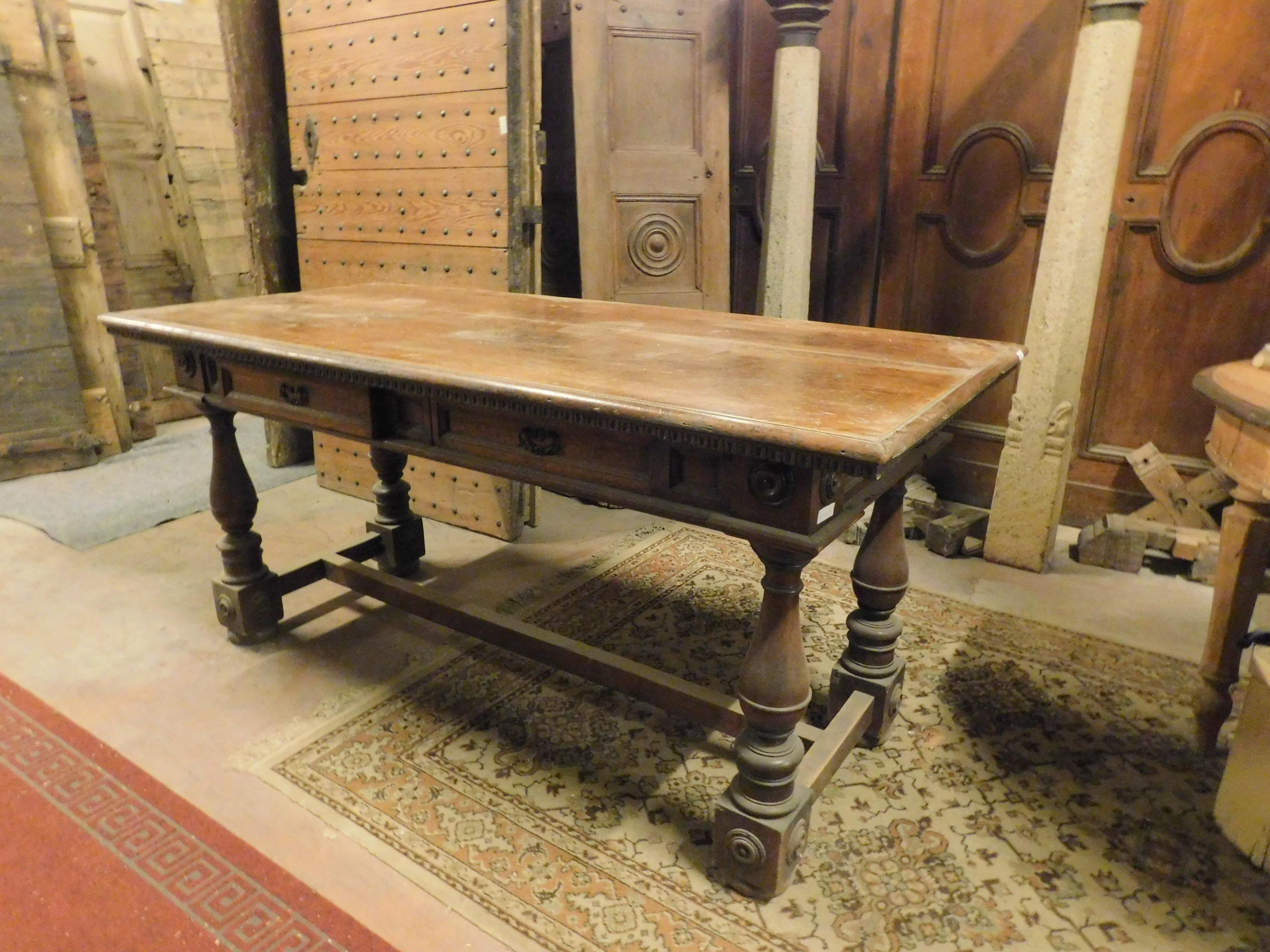 Italian Vintage Walnut Table with Drawers, First Quarter of the 20th Century, Italy For Sale